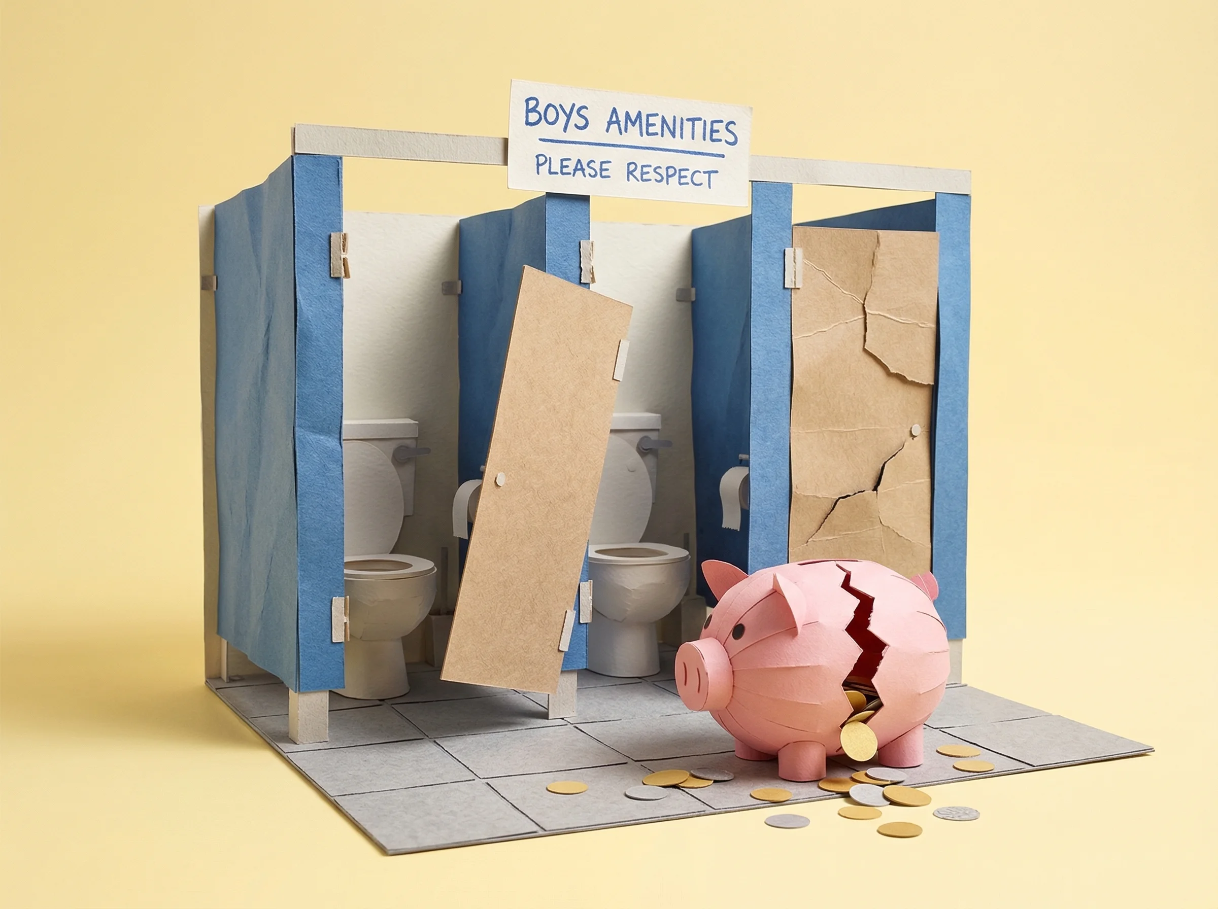 Cracked piggy bank leaking coins in a school bathroom