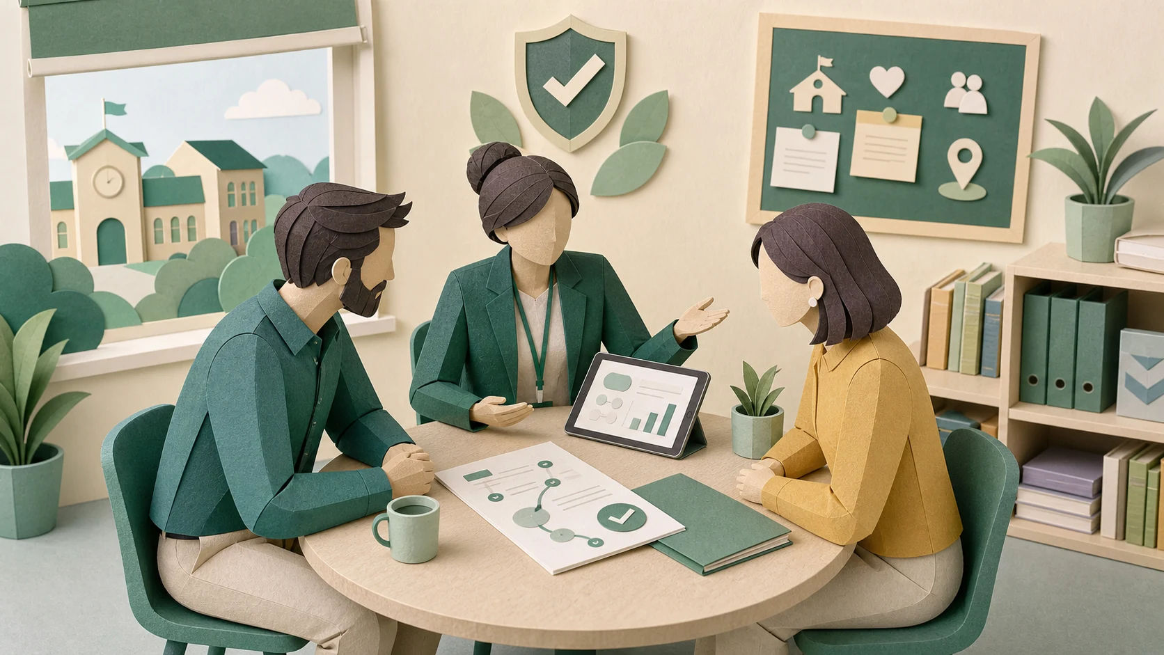 Papercraft illustration of a constructive school-parent conversation supported by clear information