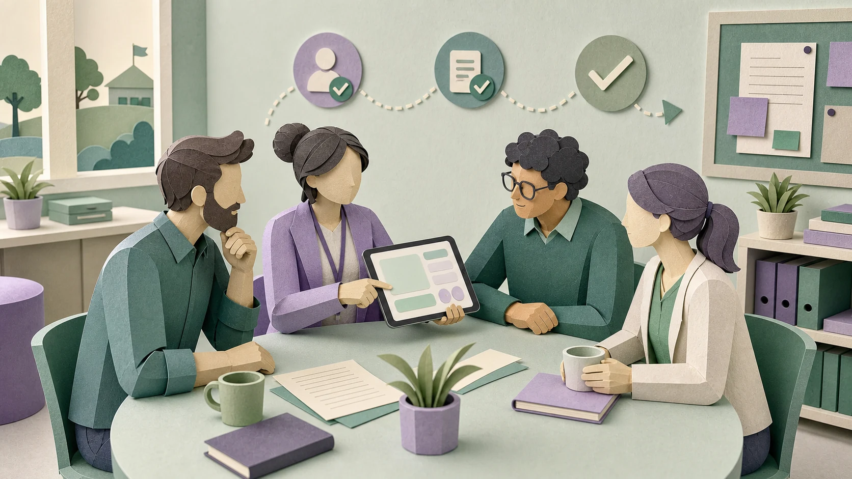 Papercraft illustration of teachers learning a simple digital pass workflow together