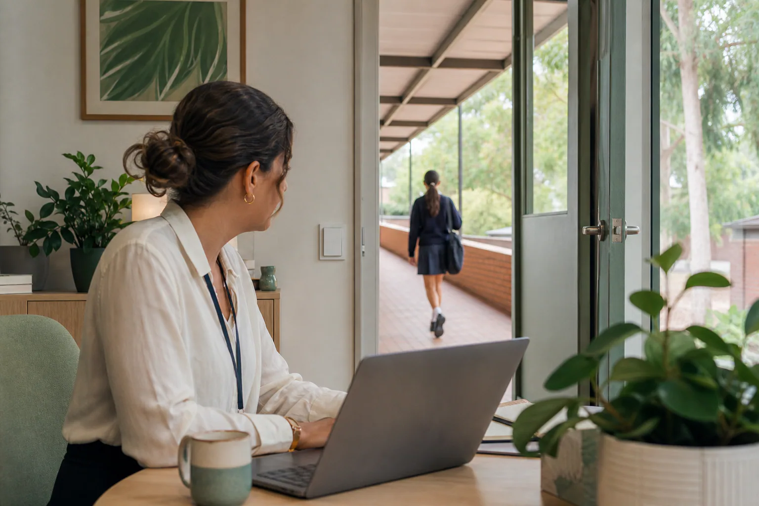 School staff member using a laptop while a student walks along a corridor