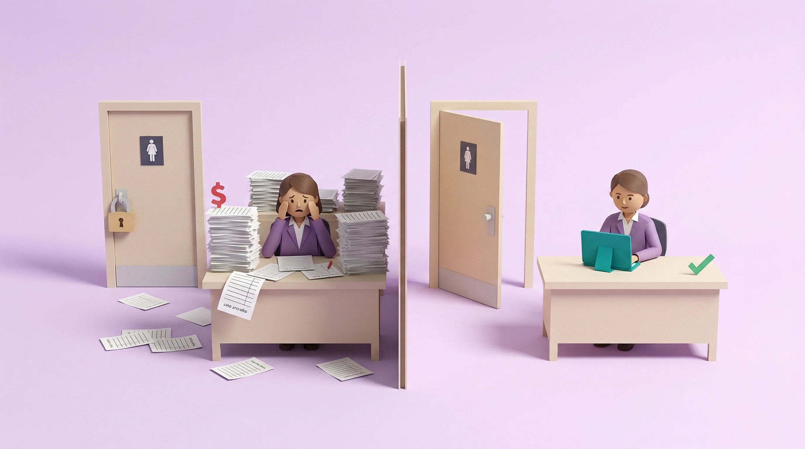 Before and after comparison of an administrator buried in paperwork versus a clear desk