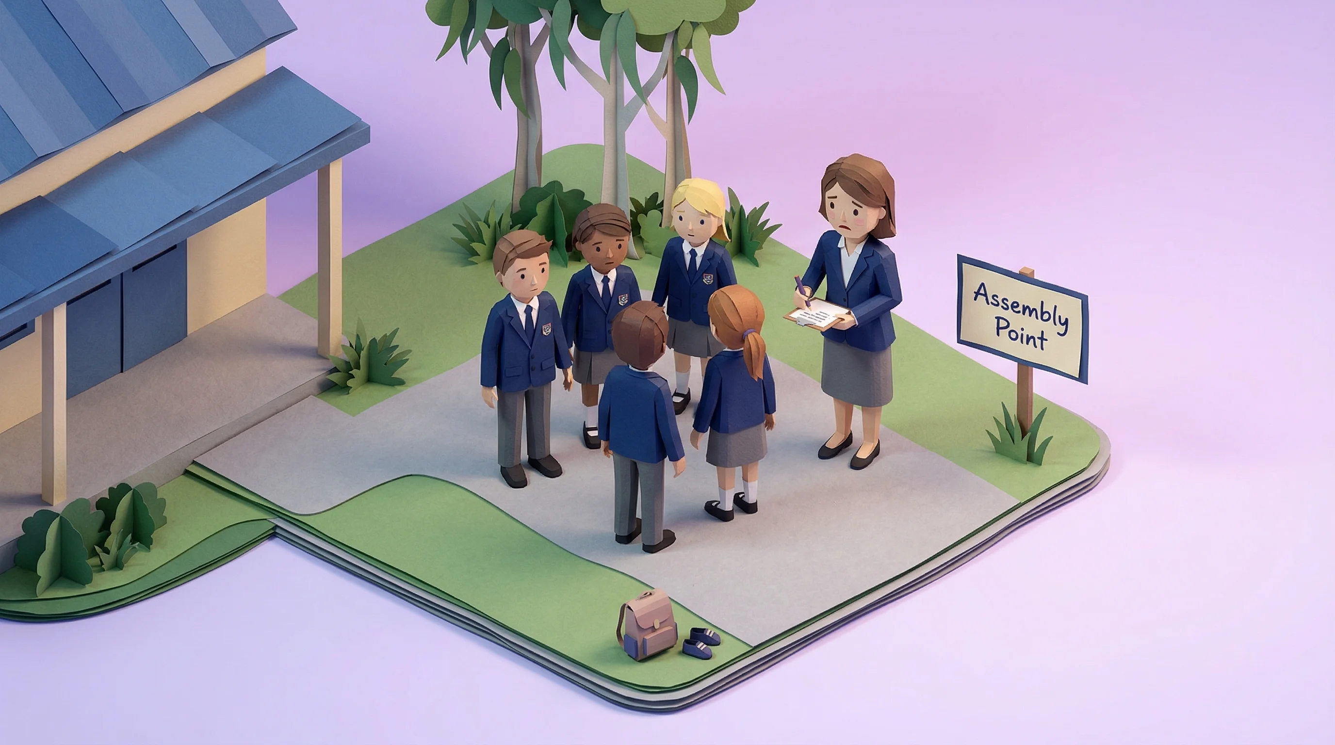 Teacher marking a roll beside an assembly point sign