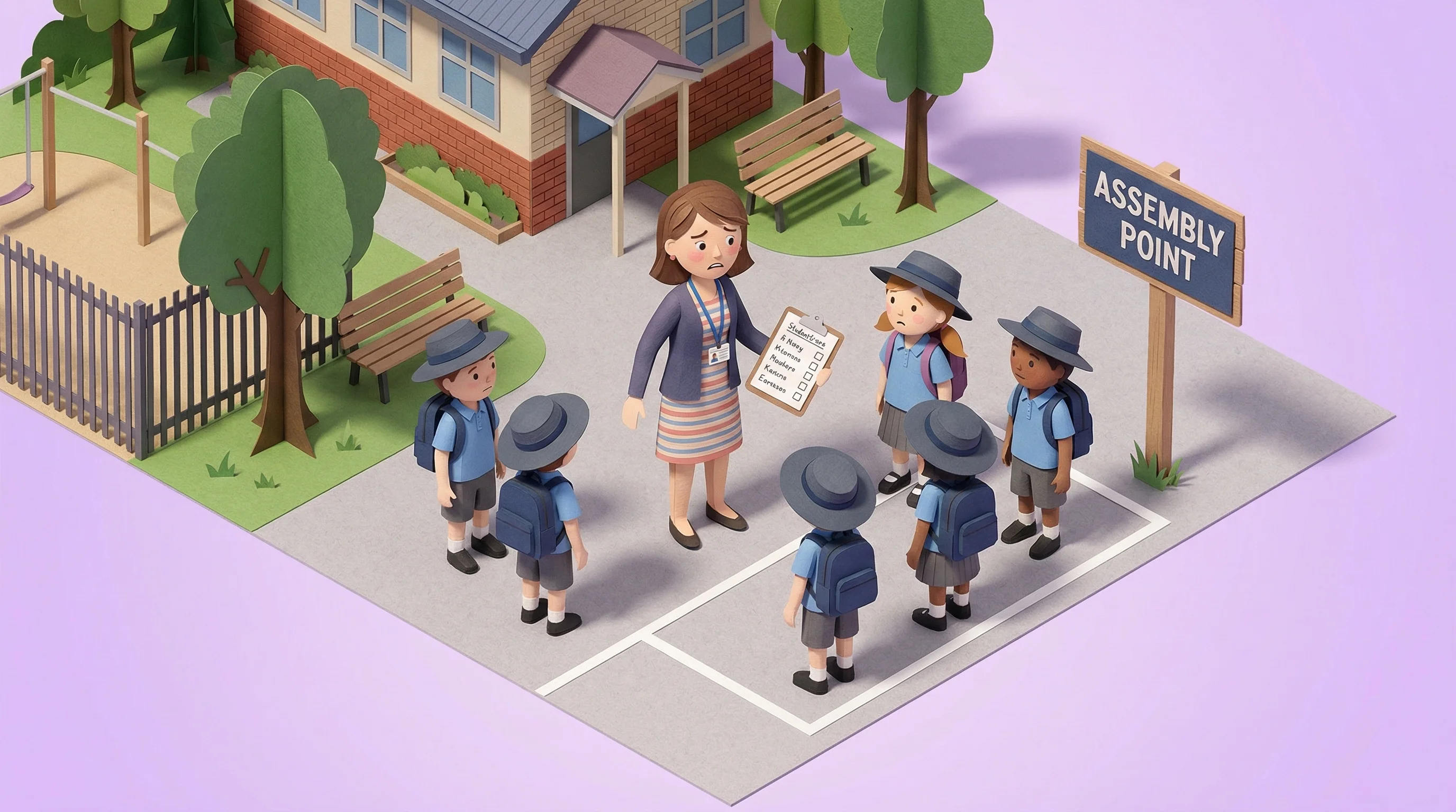 Teacher marking a roll of students at an assembly point