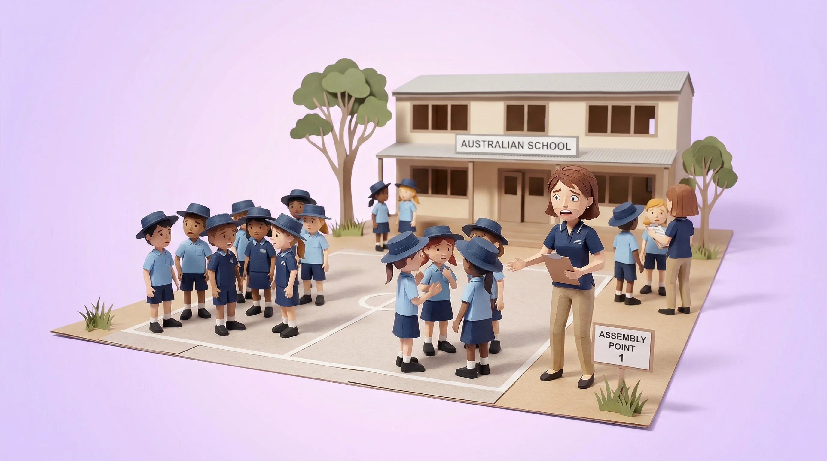 School evacuation assembly point with students and a teacher holding a clipboard