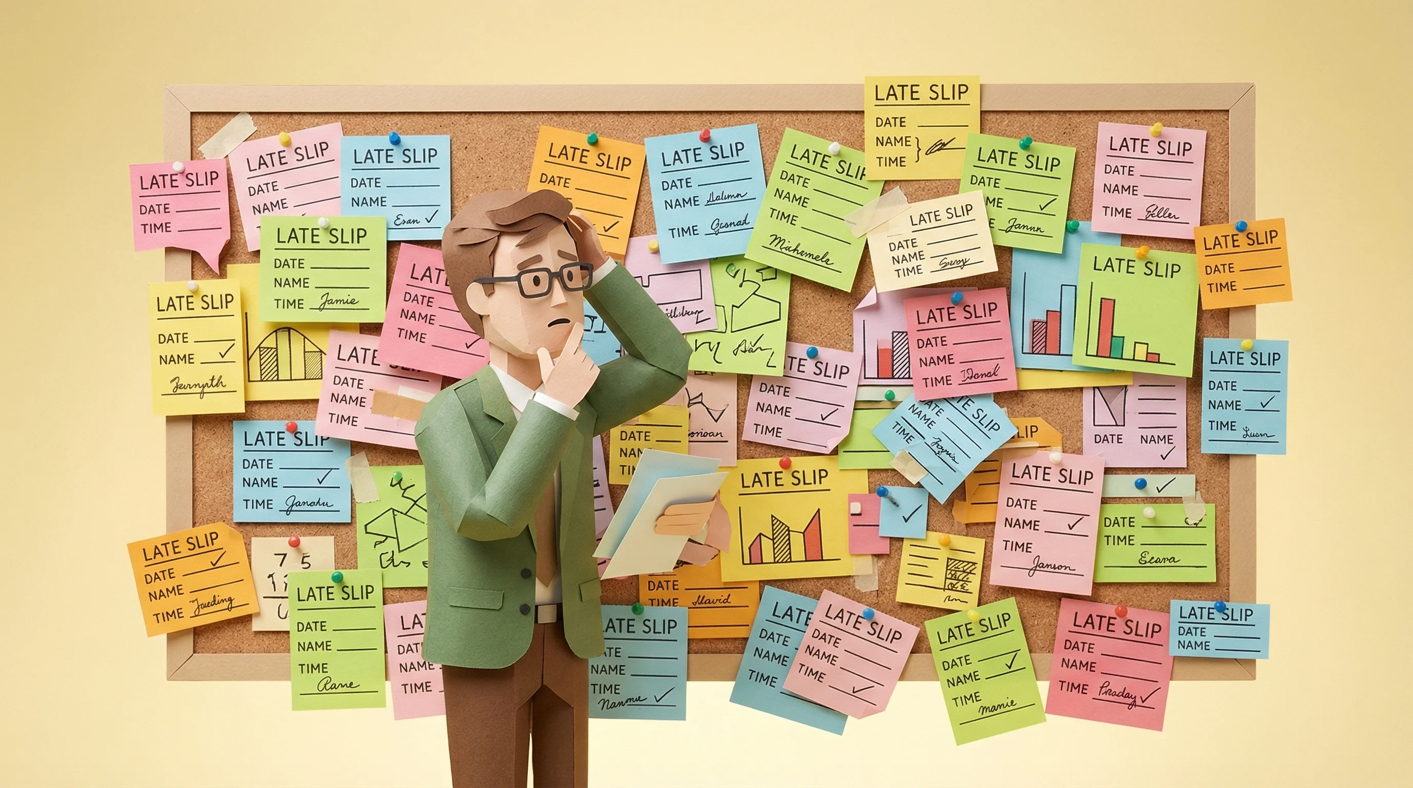 Overwhelmed teacher standing in front of a board covered in late slips