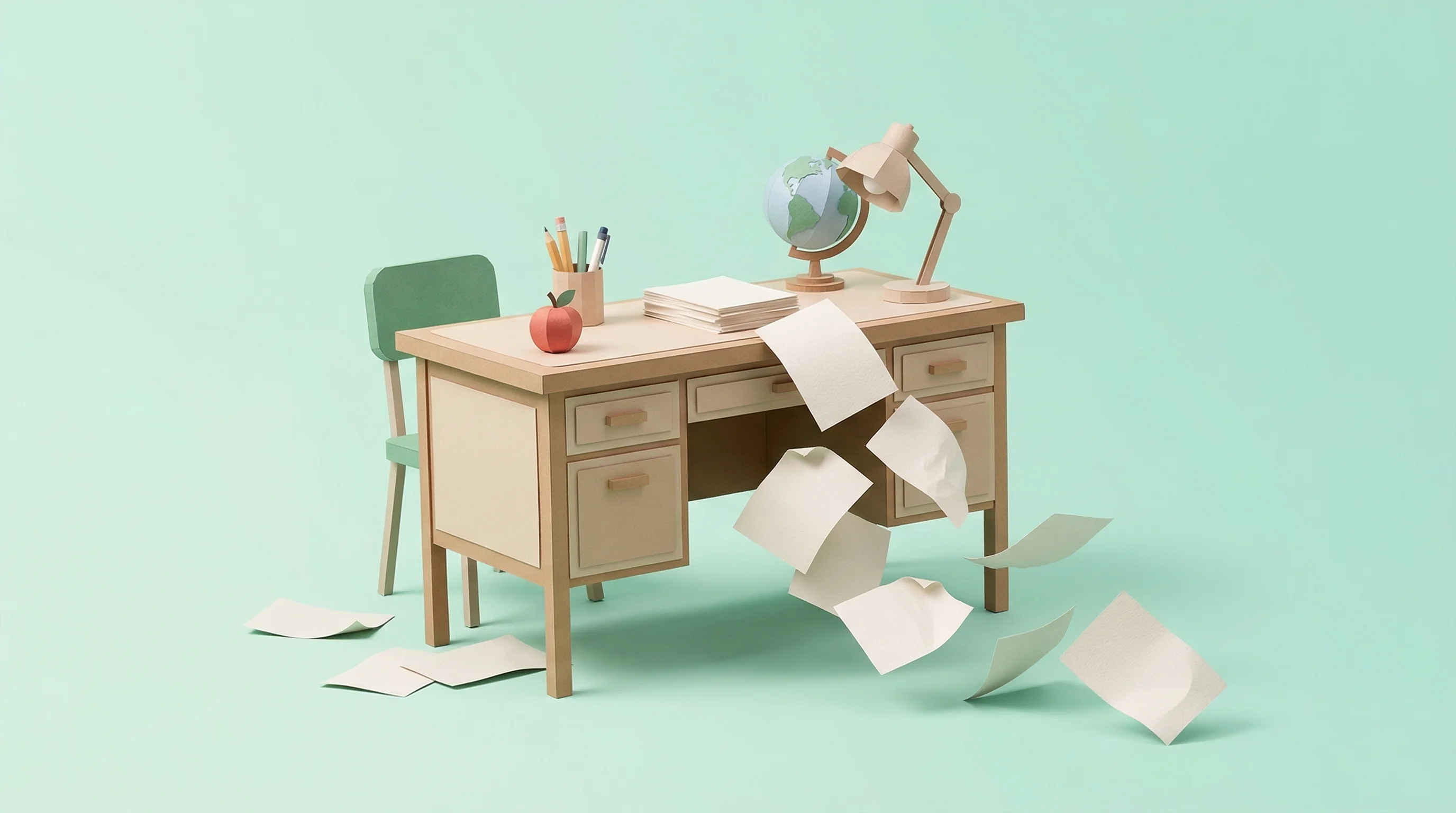 Stacks of paper movement logs on a teacher's desk