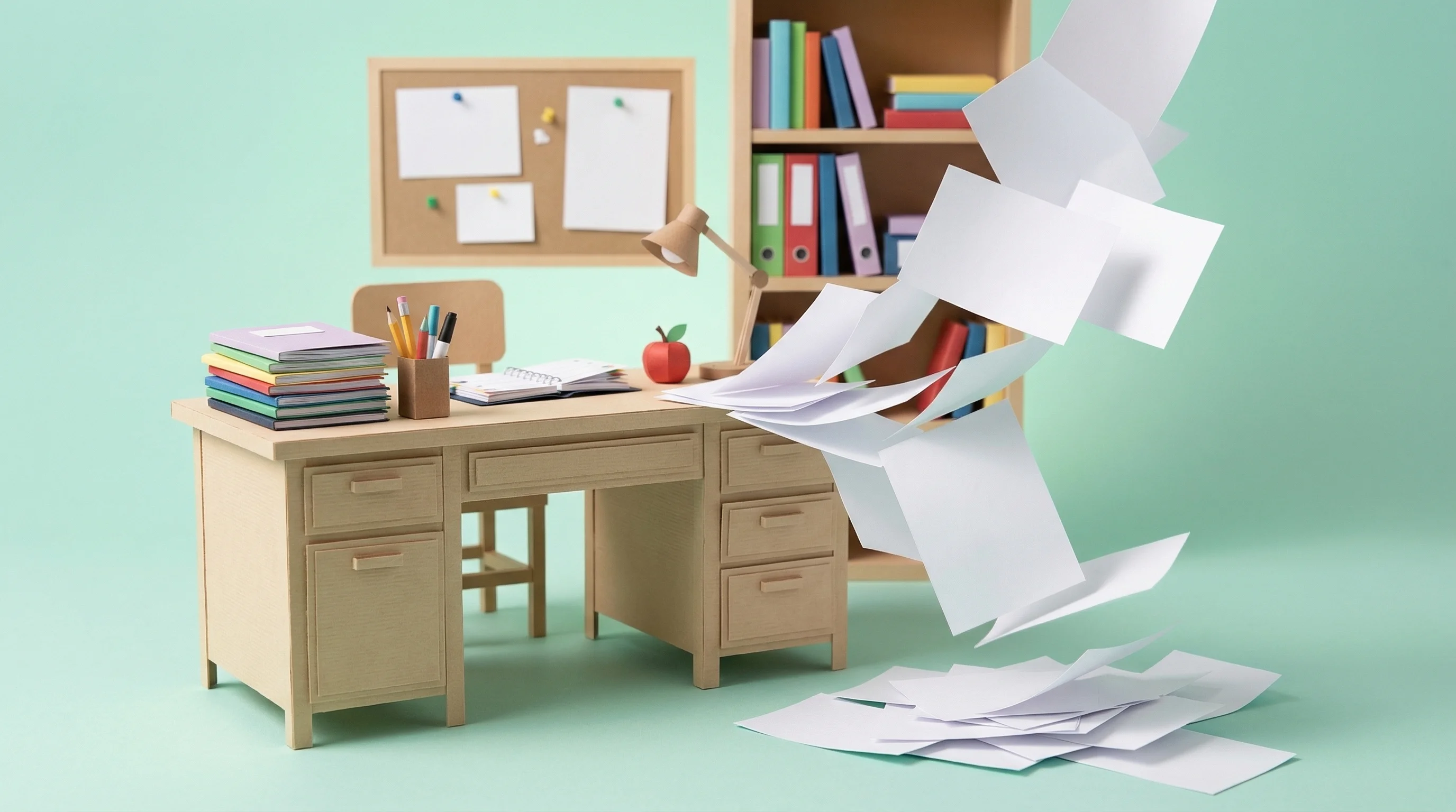 Papers cascading off a teacher's desk — paper-based late logs getting lost