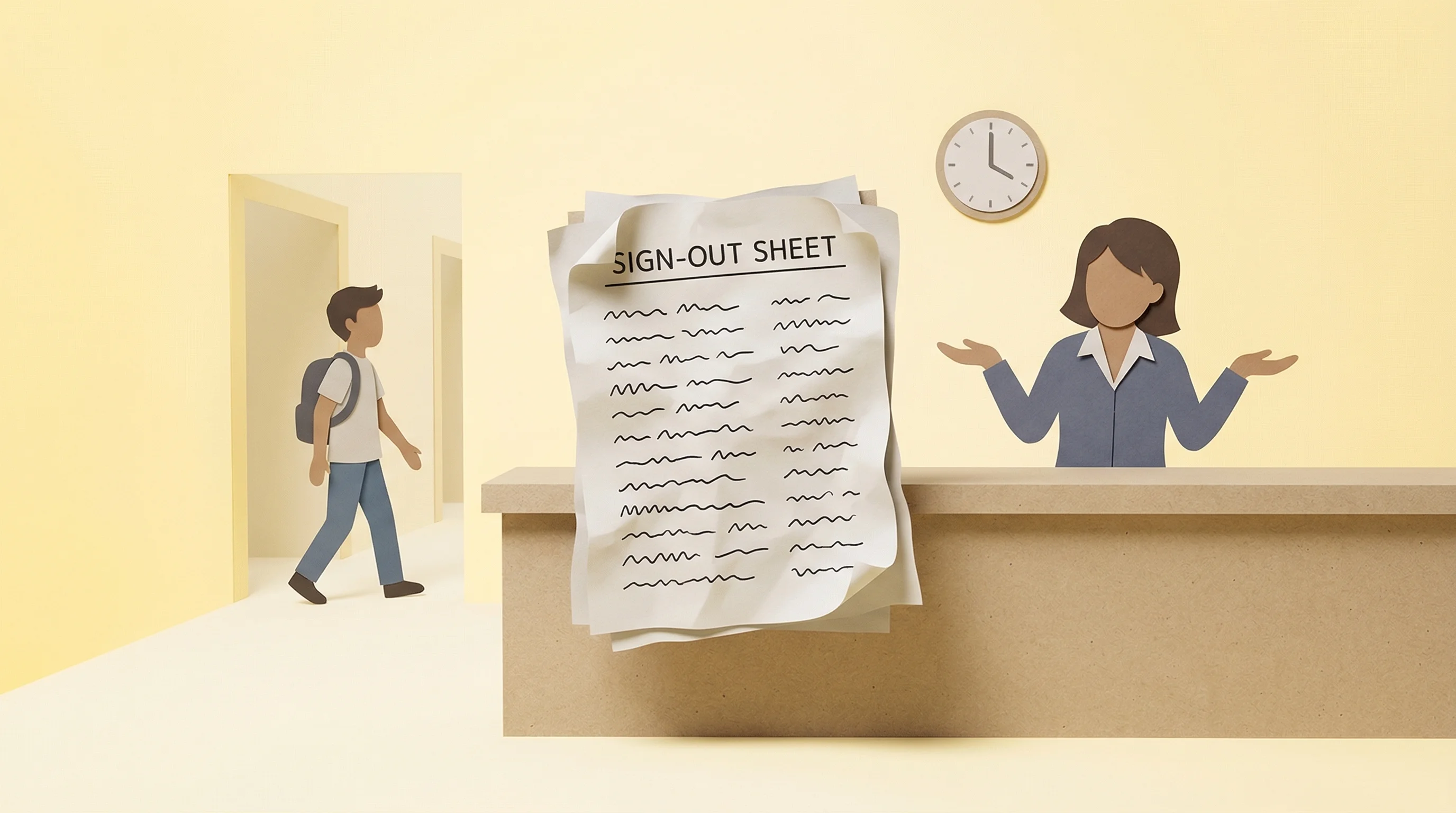 Student walking past a crumpled paper sign-out sheet
