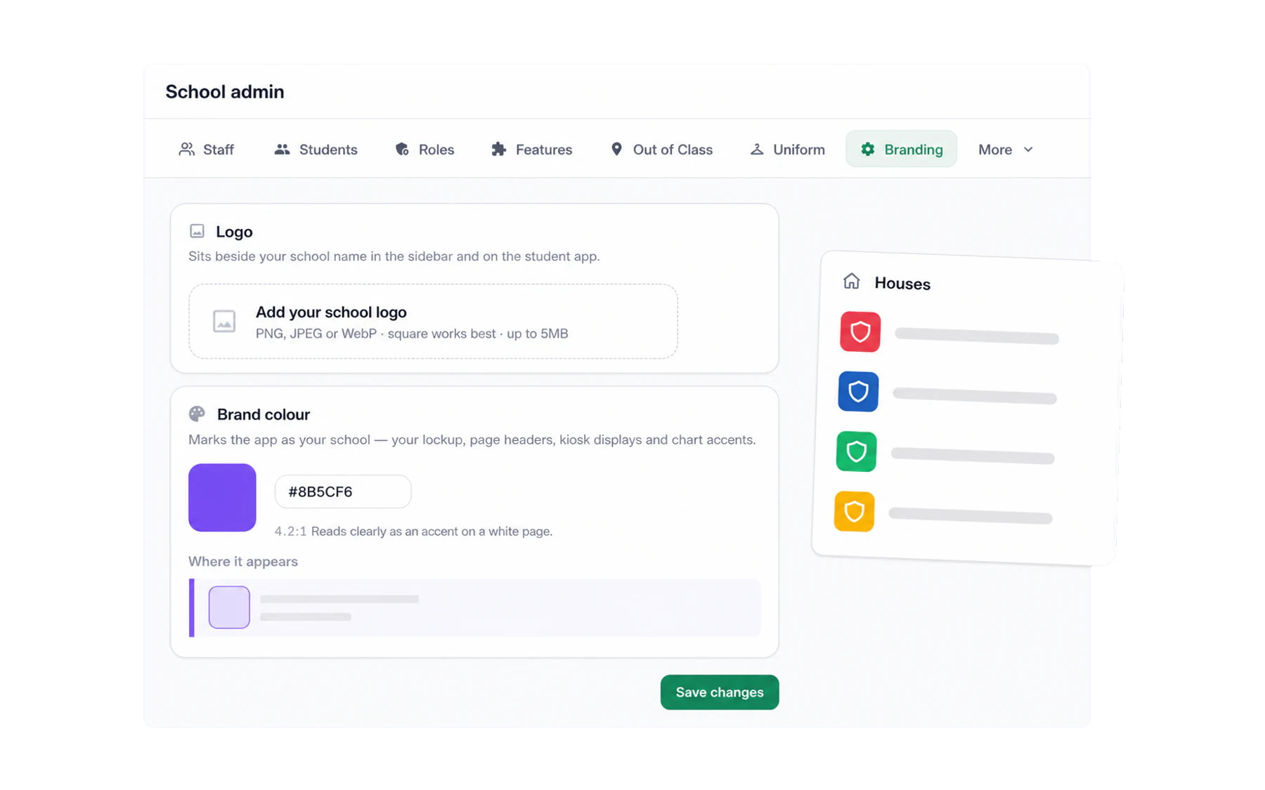 The Branding admin tab showing the Logo, Brand colour and Houses cards