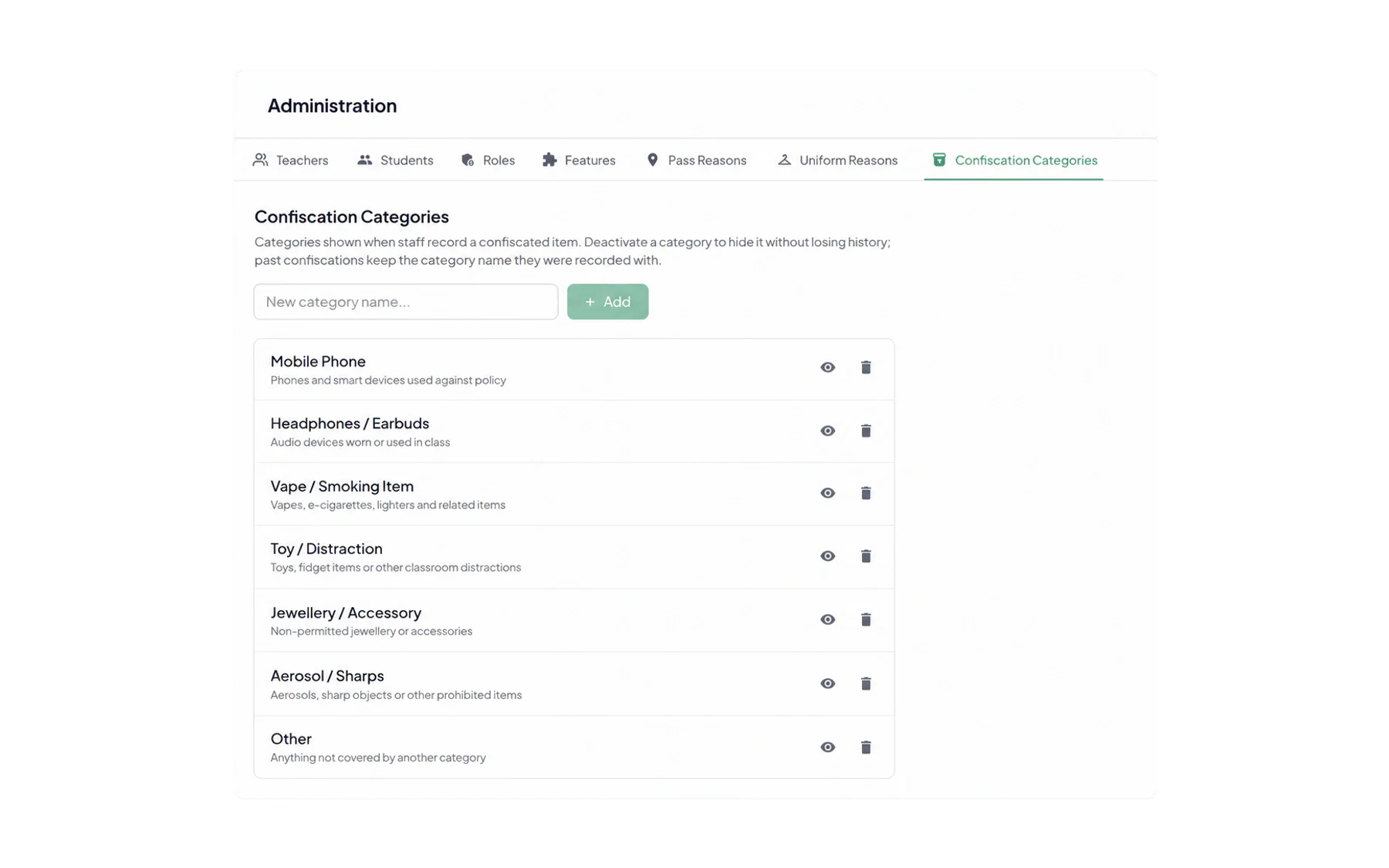 The Admin Confiscation Categories tab listing item categories