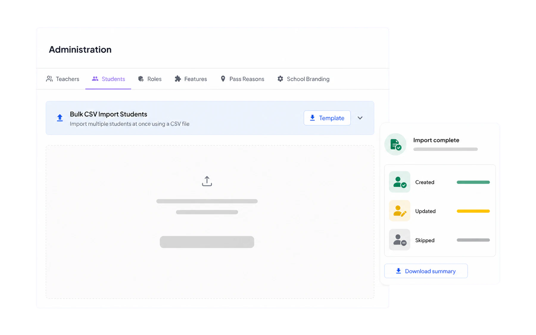 The Vero CSV import panel with a template download and upload area