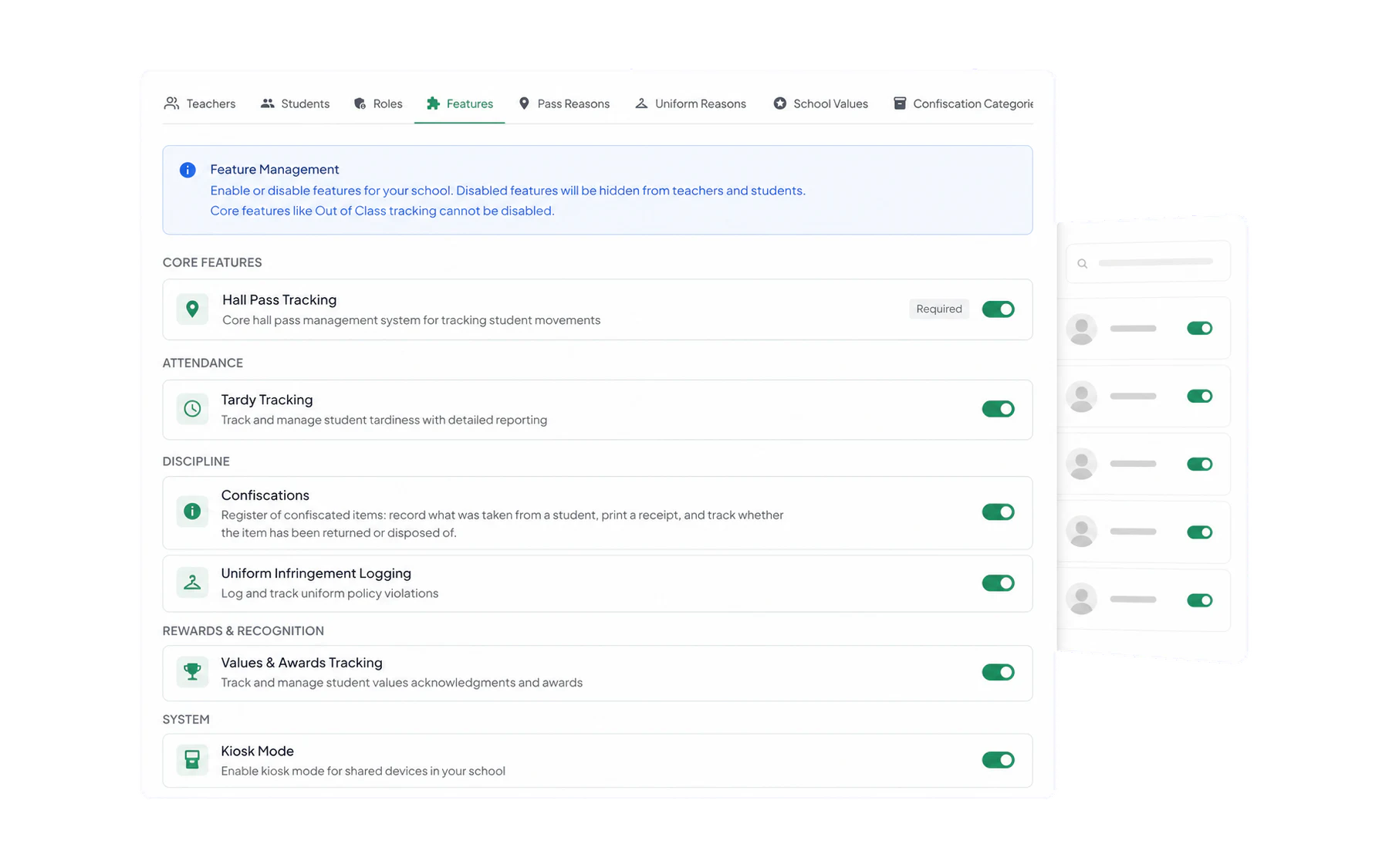 The Admin Features tab with switches for hall pass tracking, tardy tracking, confiscations, uniform logging and values