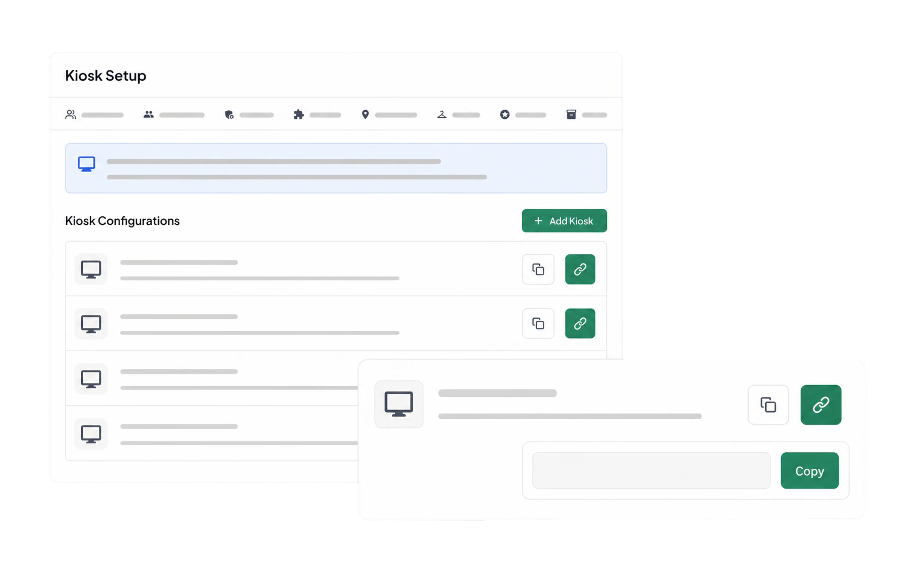 The Kiosk Setup admin view listing anonymised kiosk configurations and their link controls