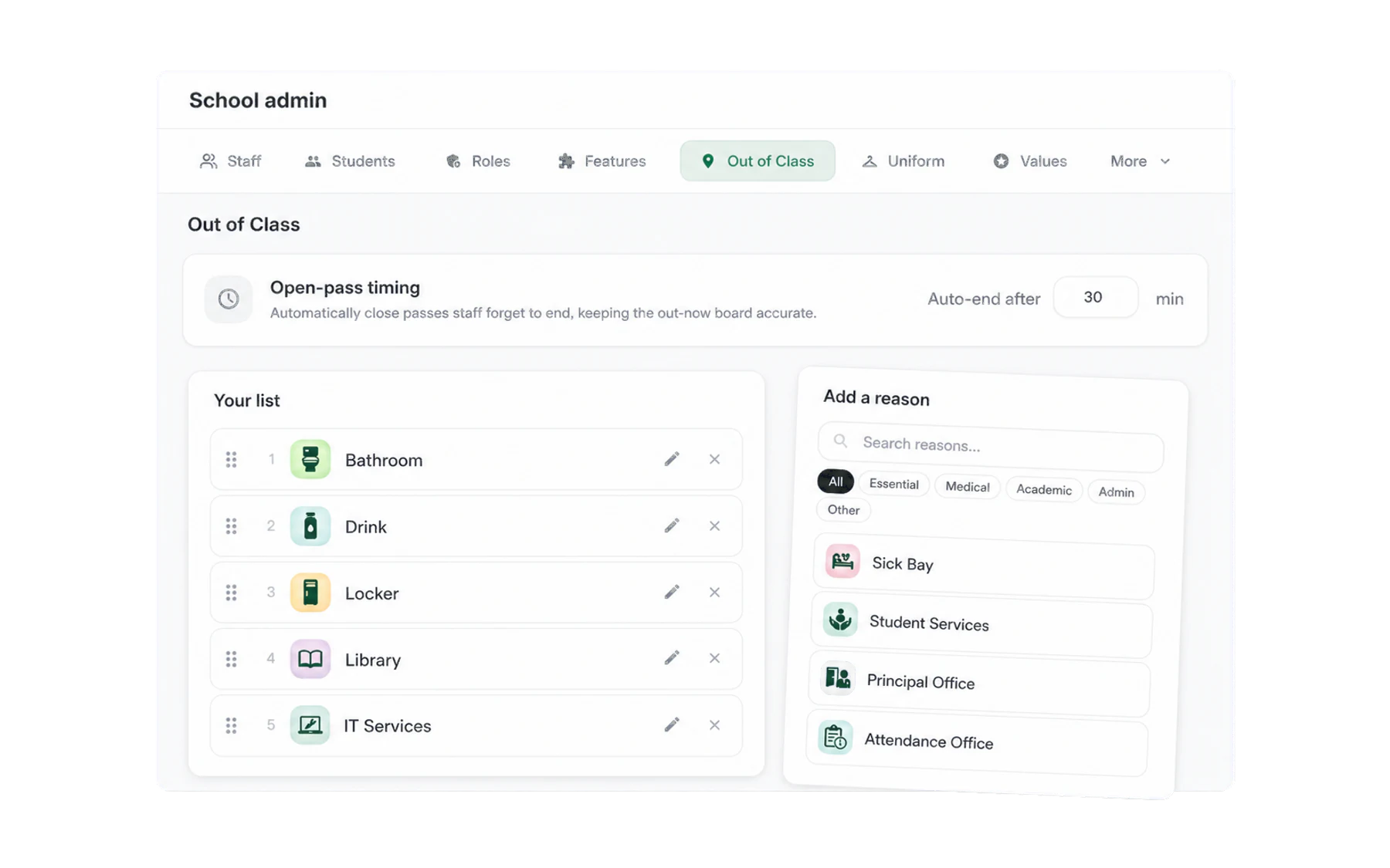 The Out of Class admin tab showing Open-pass timing with Auto-end after set to 30 minutes