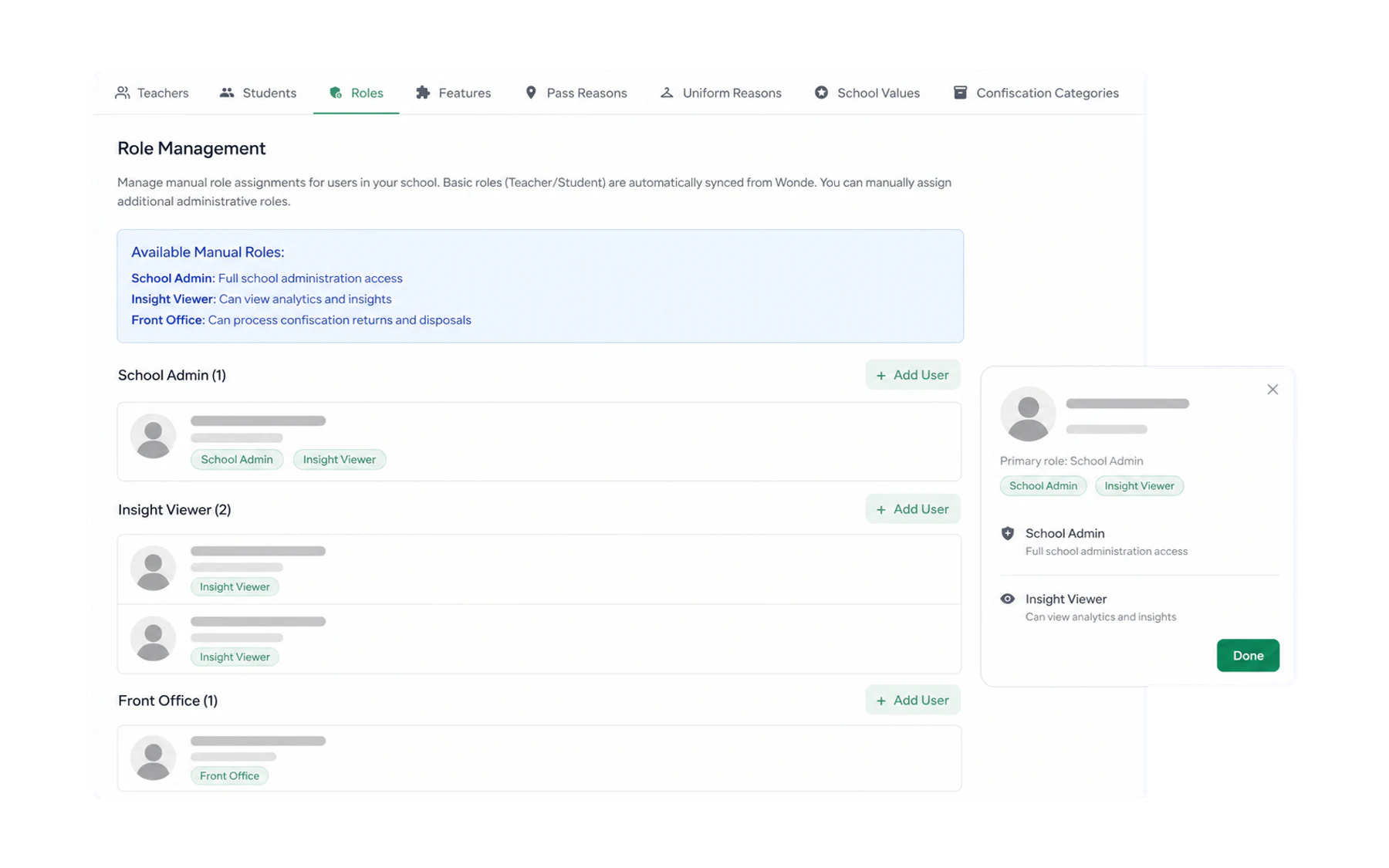 The Vero Admin Roles view listing anonymised staff and assigned roles