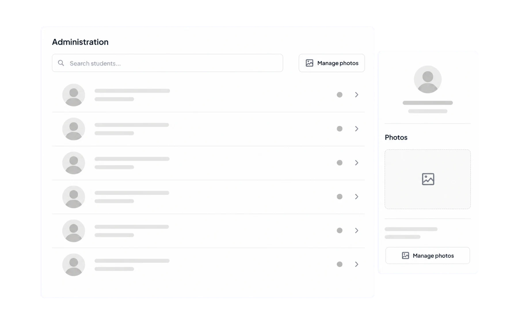 The Admin Students tab listing students with year group, house and photo