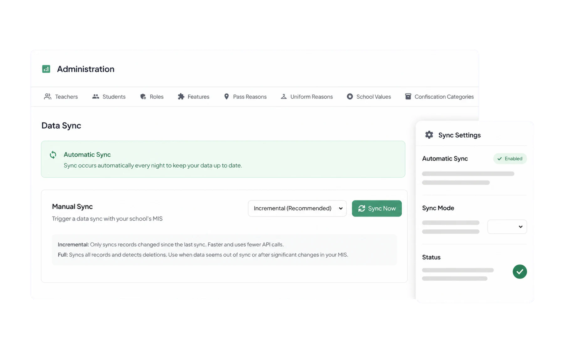 The Admin Data Sync tab showing a daily sync and manual sync controls