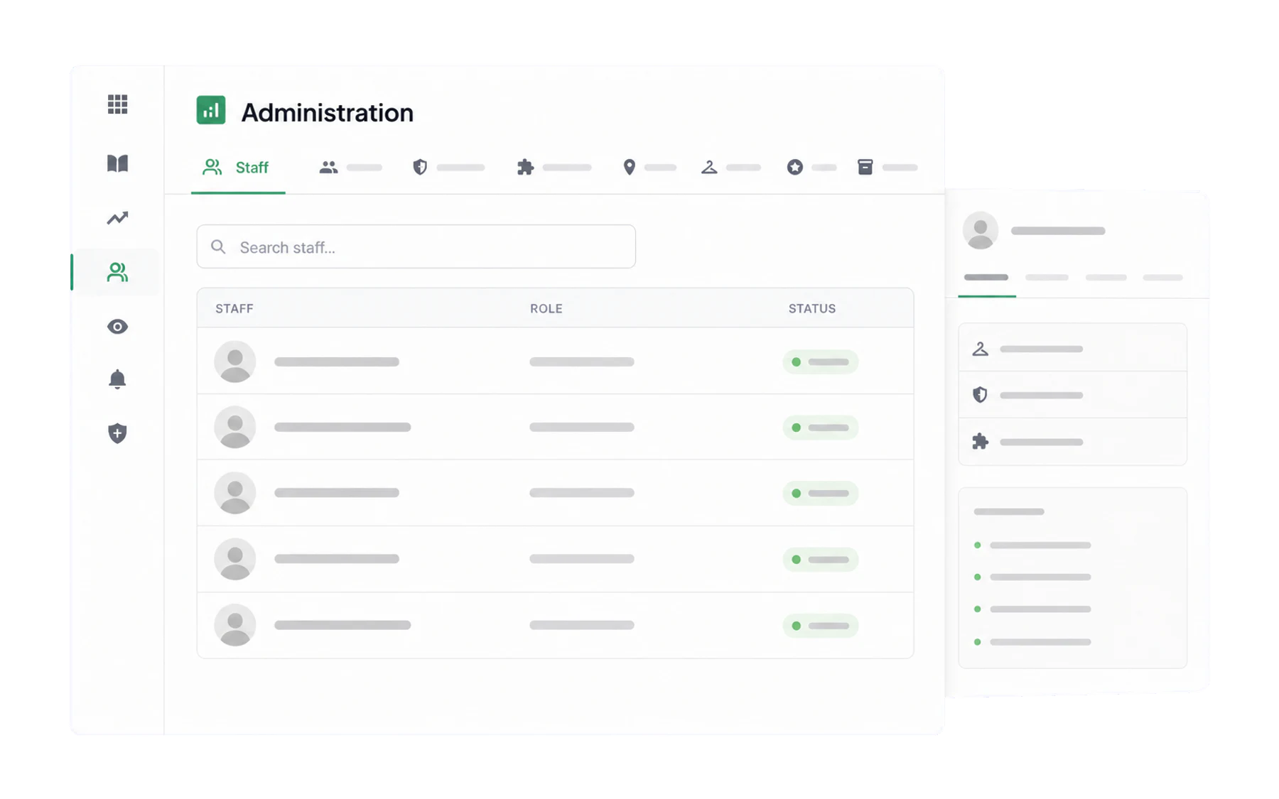 The Admin Staff tab listing staff with their roles and status