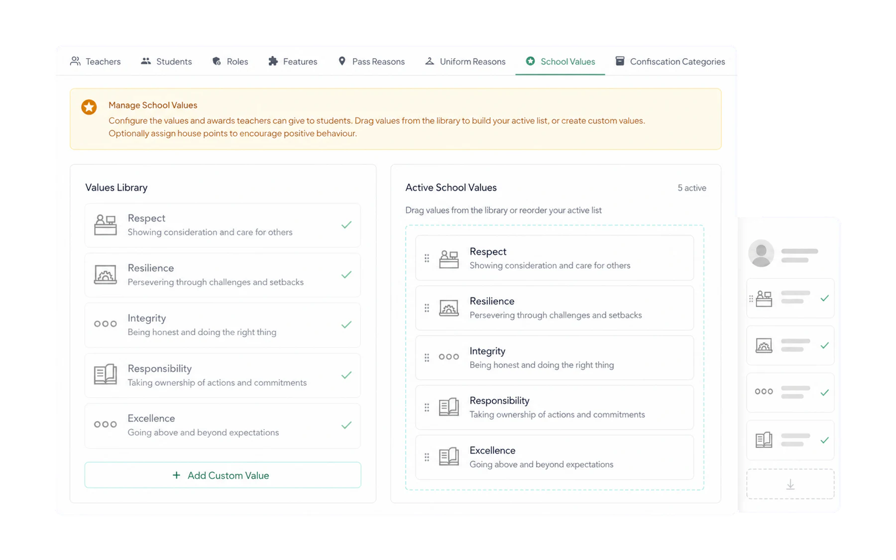 The Admin School Values tab listing the school's values