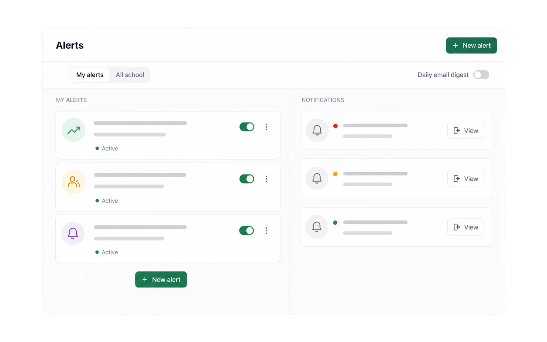 The Vero Alerts view with configured rules and a notification panel