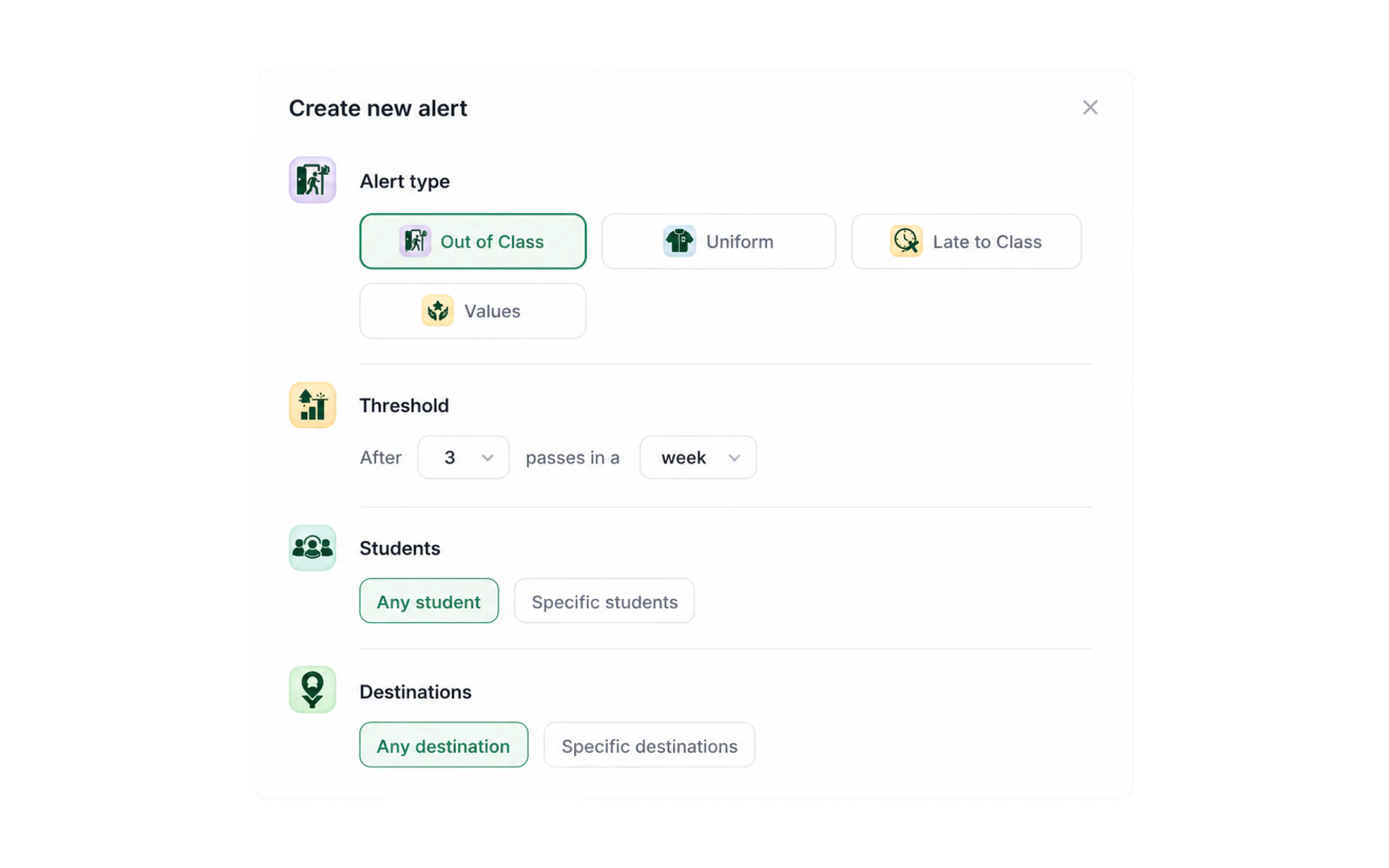 The Vero alert builder showing thresholds, students, destinations and delivery options