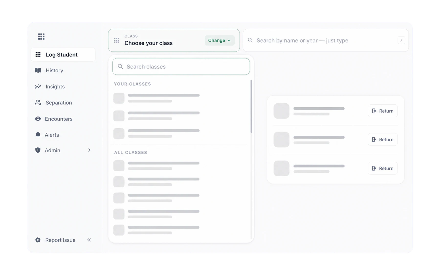 The Log Student class picker listing the teacher's classes and all classes in the school