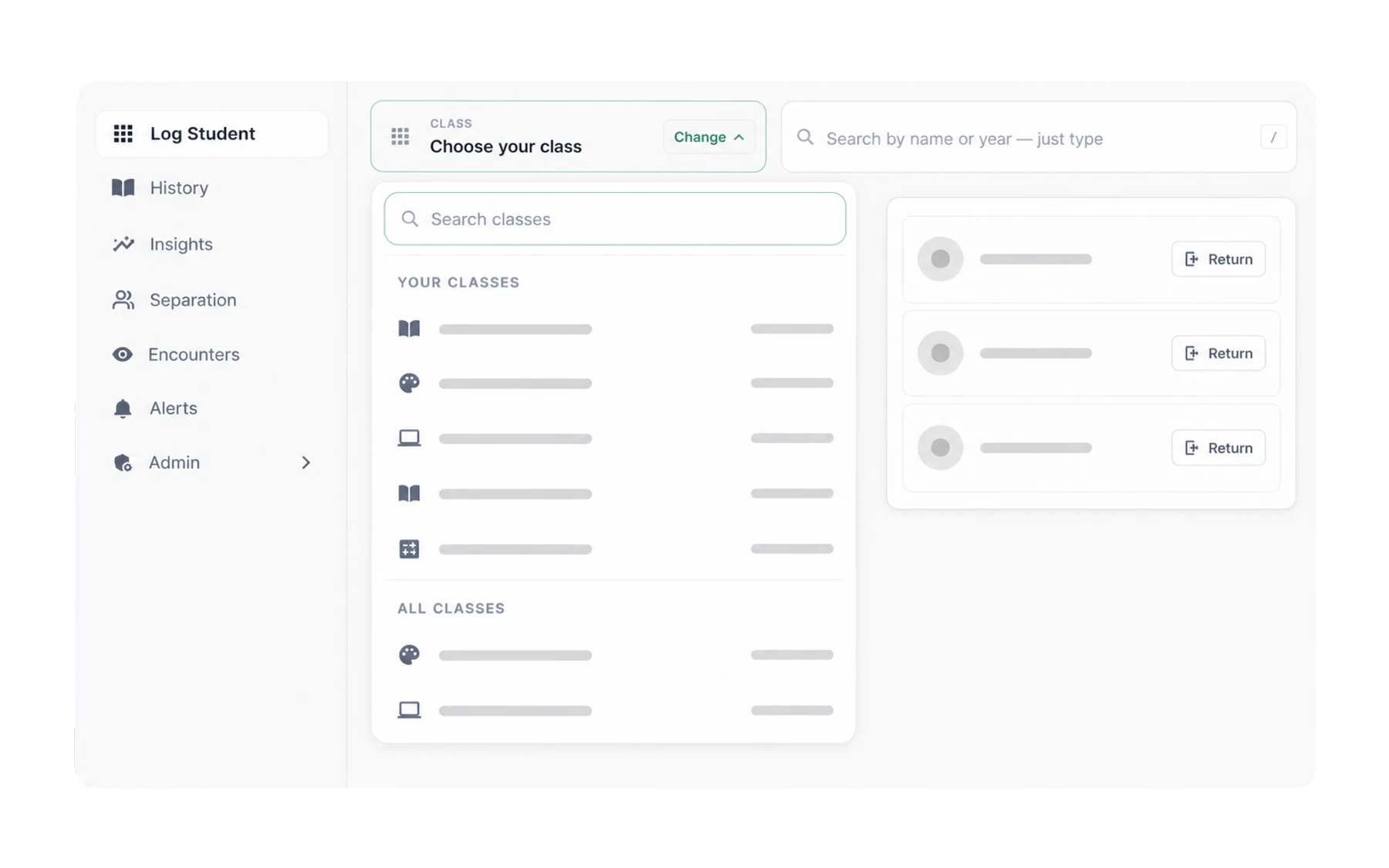The Log Student class picker showing the teacher's classes and all school classes