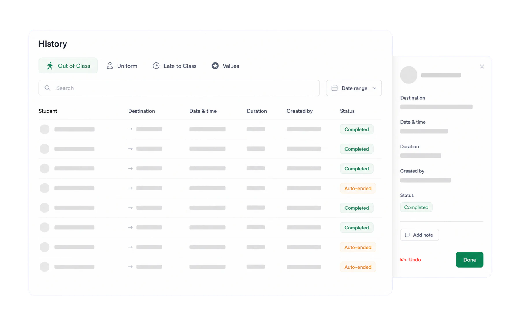 The Vero History view with anonymised pass rows, destinations, durations and statuses