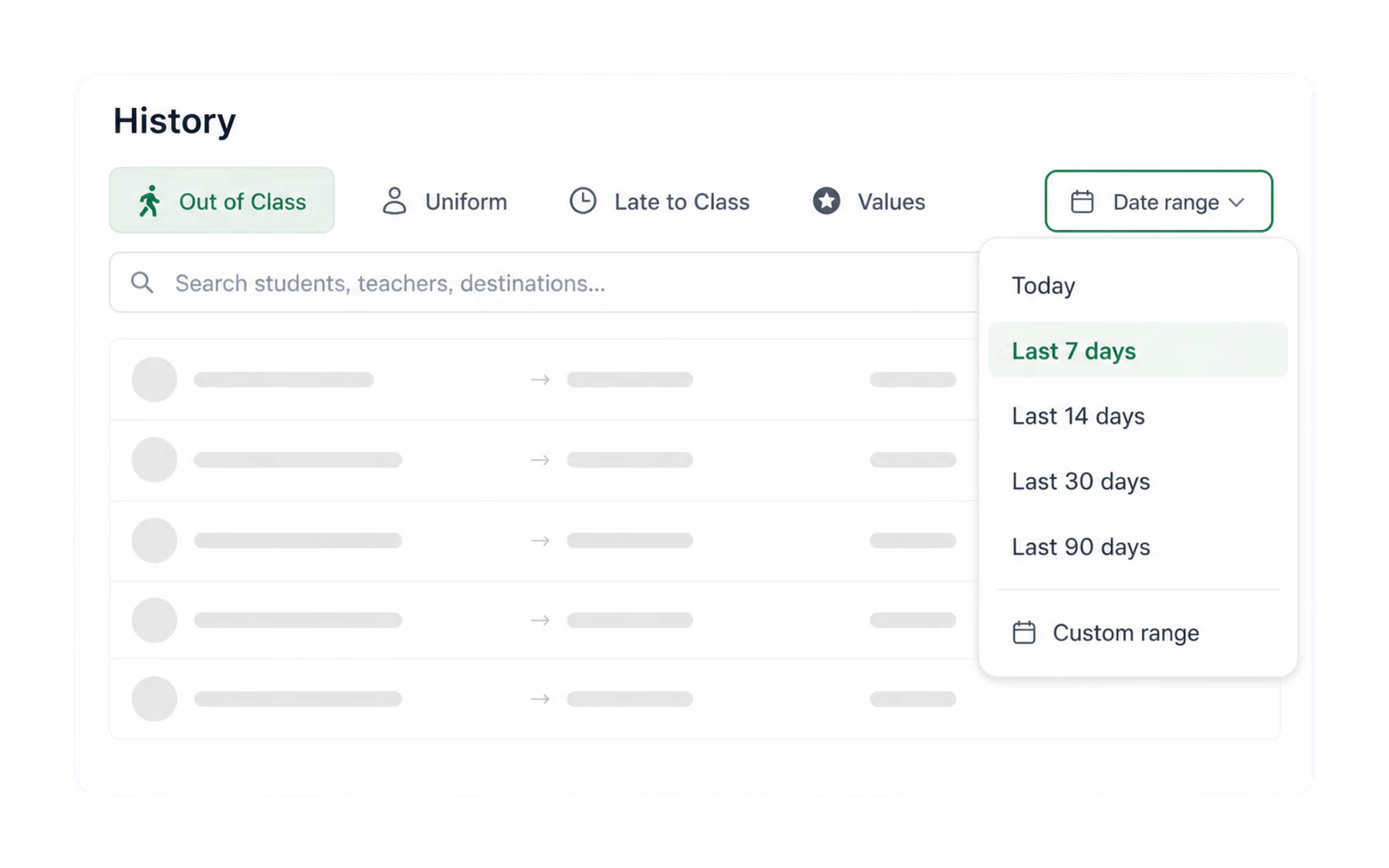 The date range dropdown open, offering today, last 7 days, last 30 days and longer options