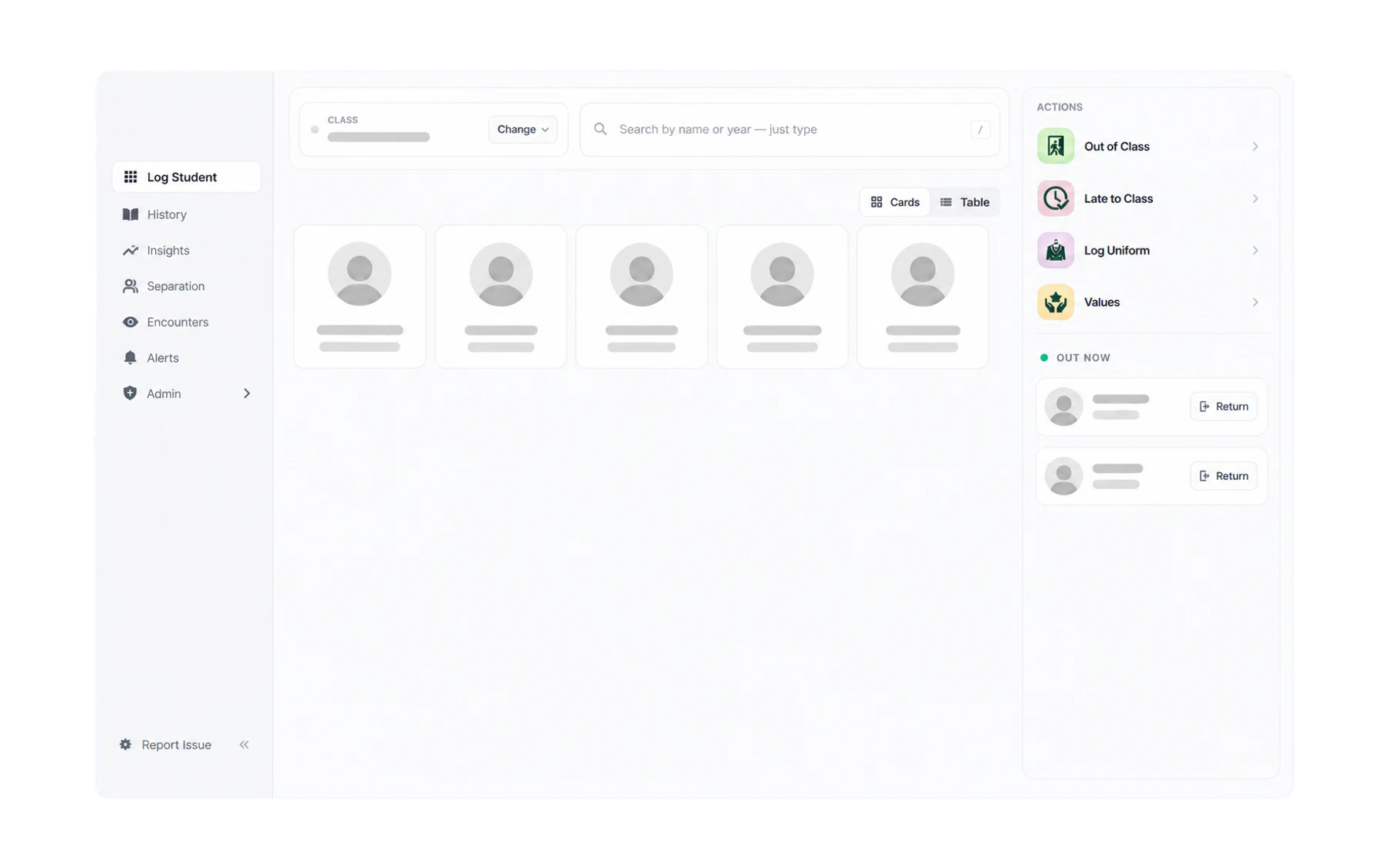 The Vero Log Student Switchboard with a selected student and action choices
