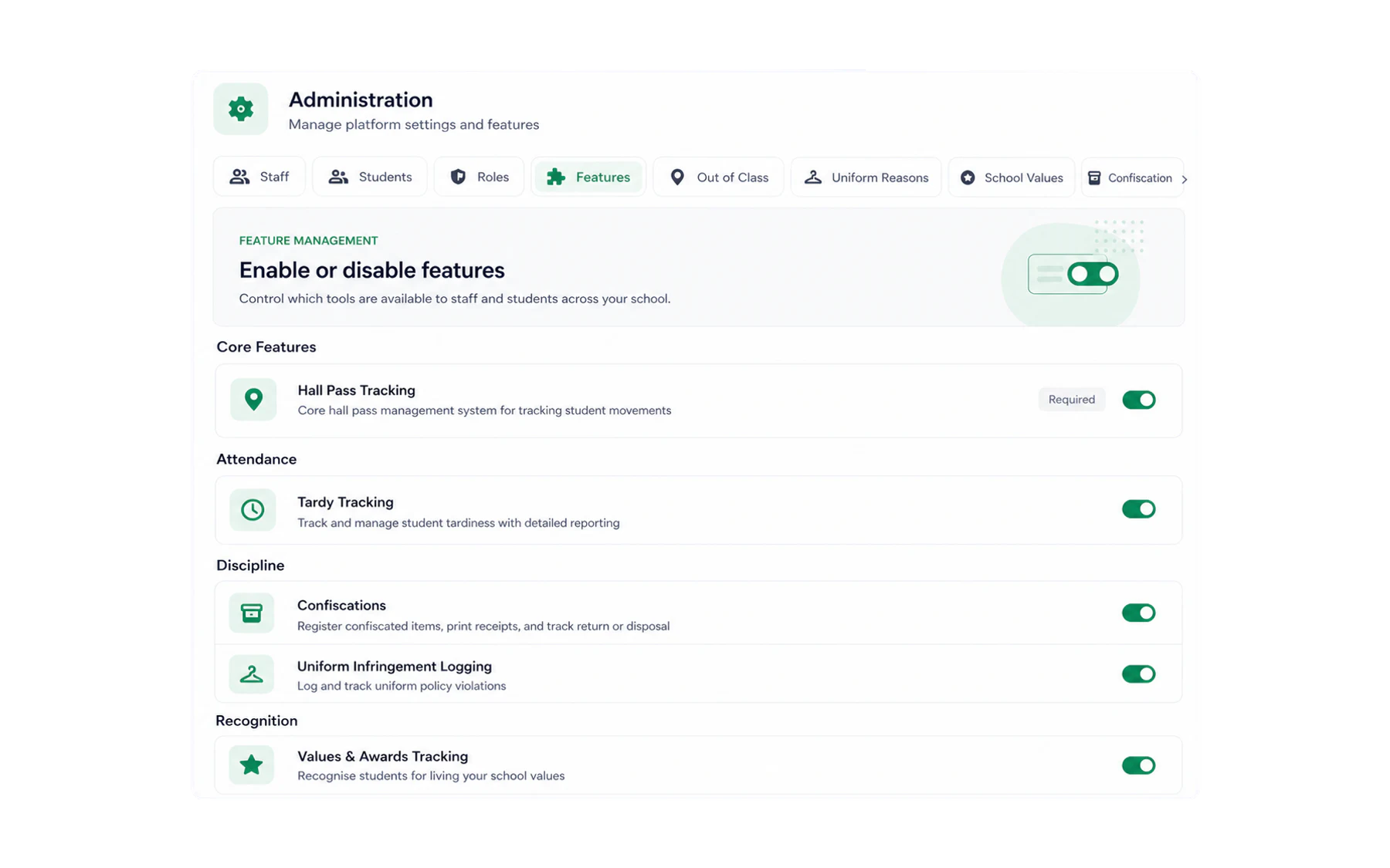 An anonymised Vero Administration workspace with feature switches