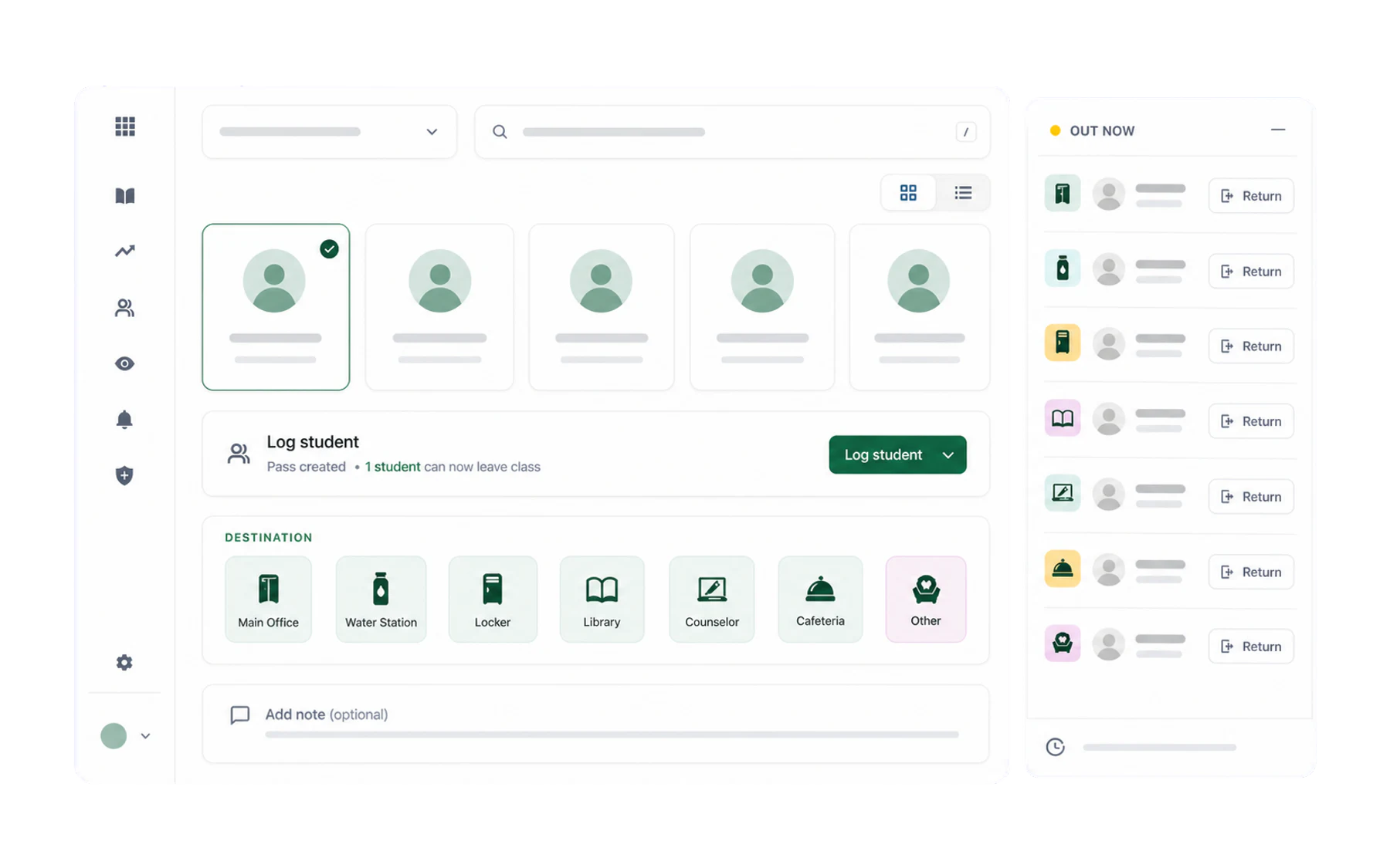An anonymised Vero Switchboard with a class roster and student actions