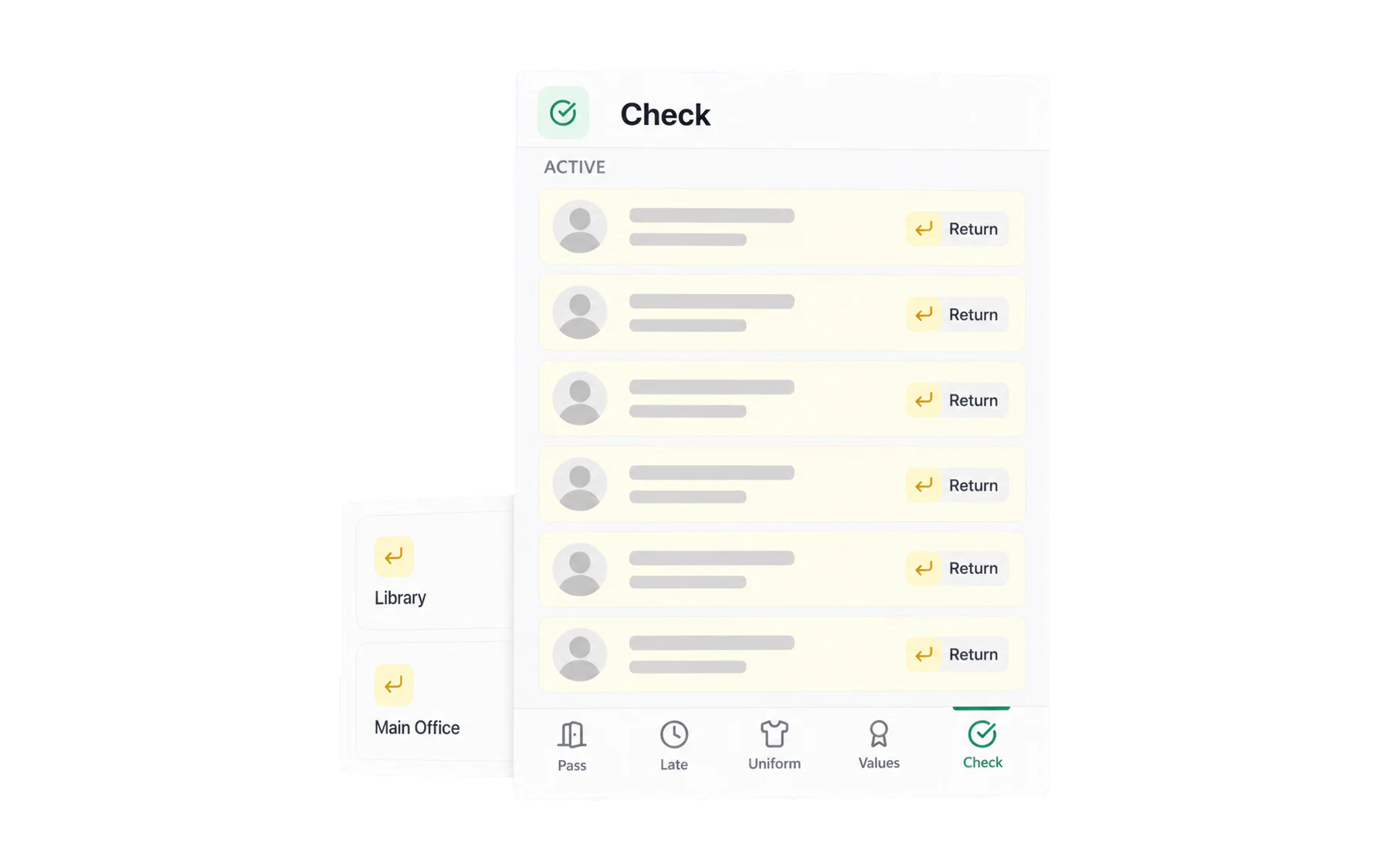 The mobile Check tab listing the teacher's currently active passes