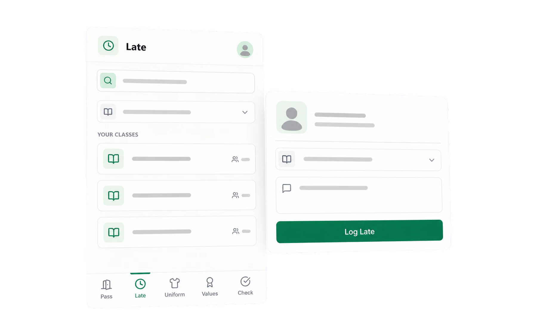 The Vero mobile Late workflow with anonymised class and student panels and a Log Late action