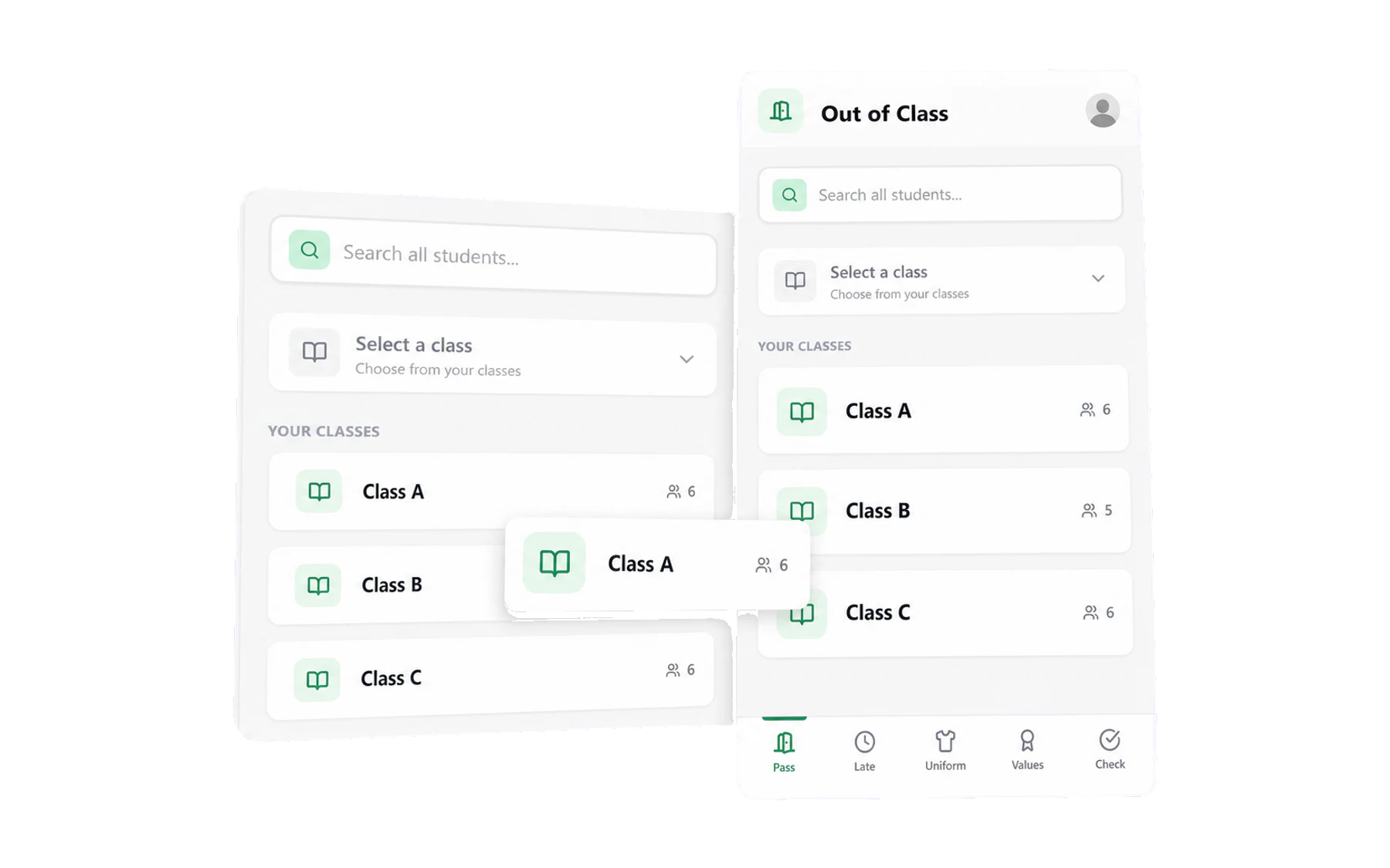 The Vero mobile workspace showing a teacher's classes and the Pass, Late, Uniform, Values and Check tabs