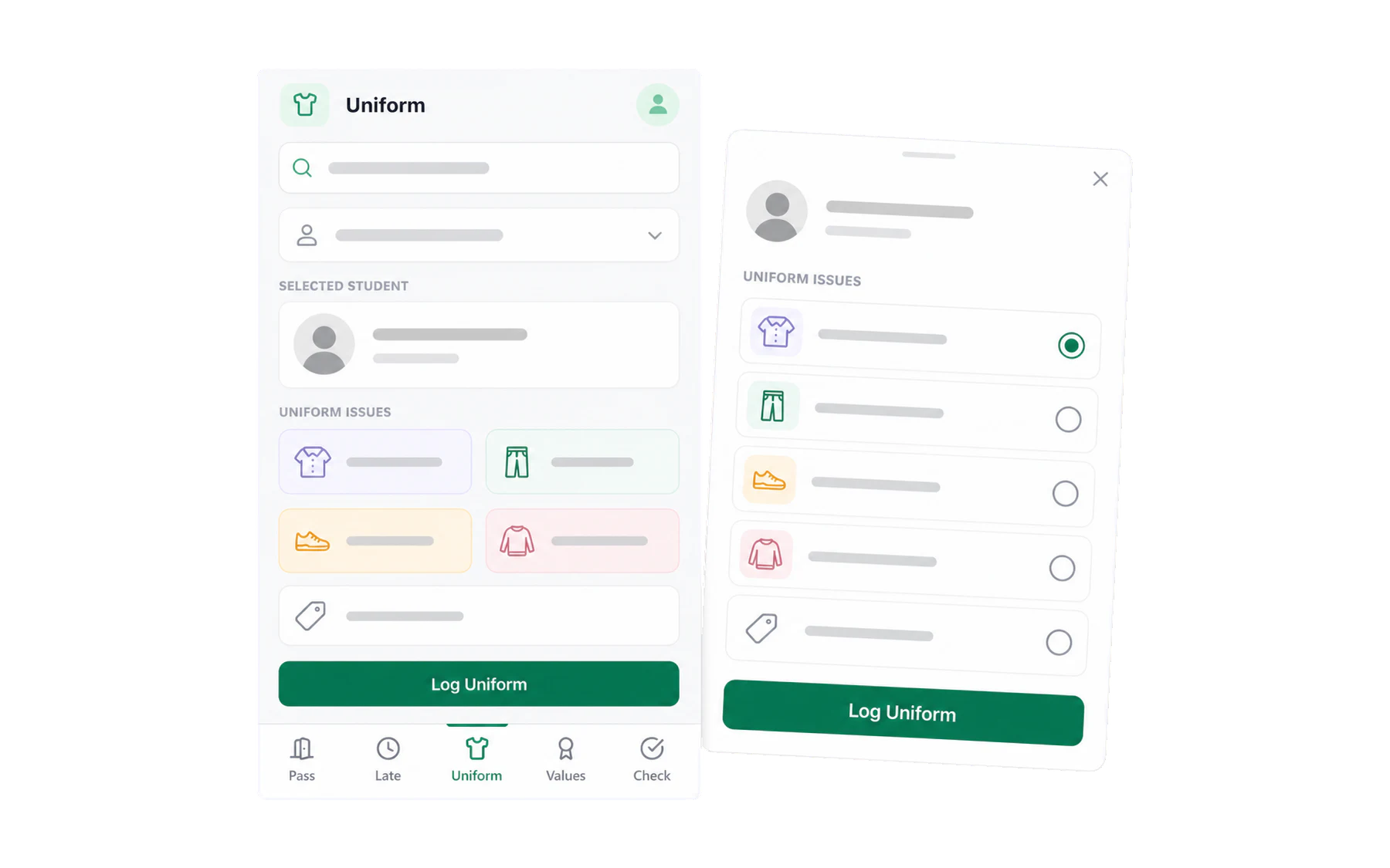 The Vero mobile Uniform workflow with an anonymised student, issue choices and Log Uniform action