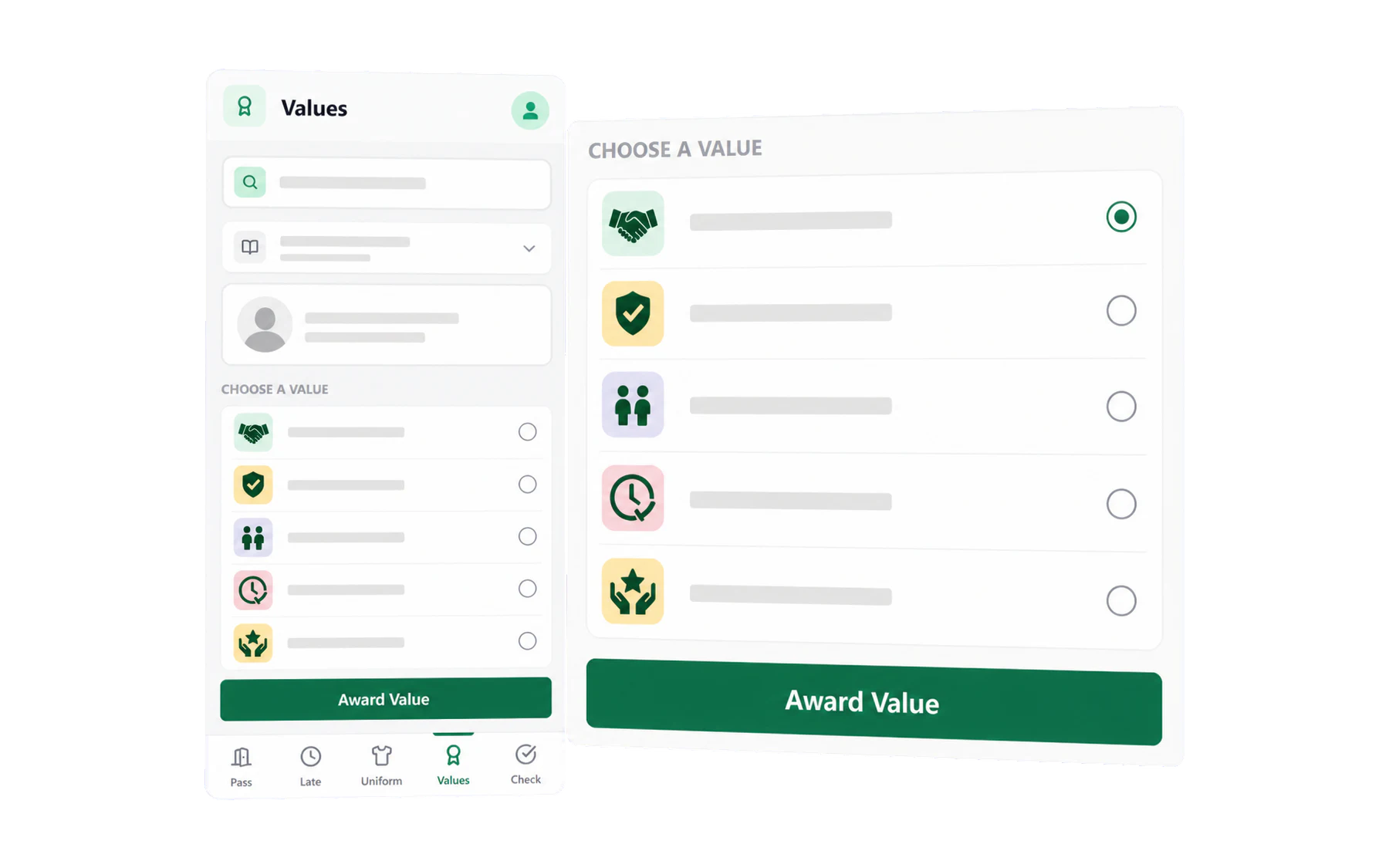 The Vero mobile Values workflow with an anonymised student, value choices and Award Value action