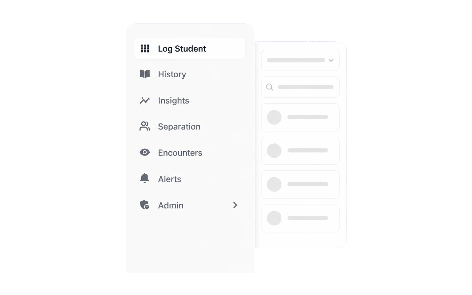 The Vero navigation rail listing Log Student, History, Insights, Separation, Encounters, Alerts and Admin