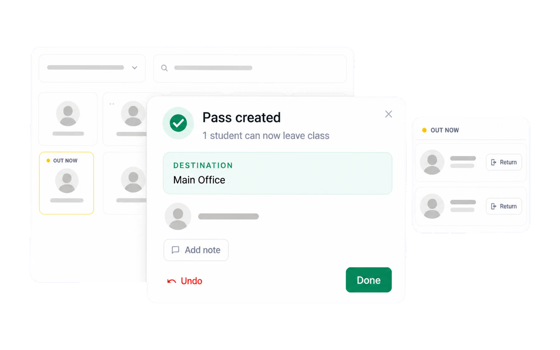 The Pass Created Successfully panel showing the reason, the student, an Add note link, and Undo and Done buttons