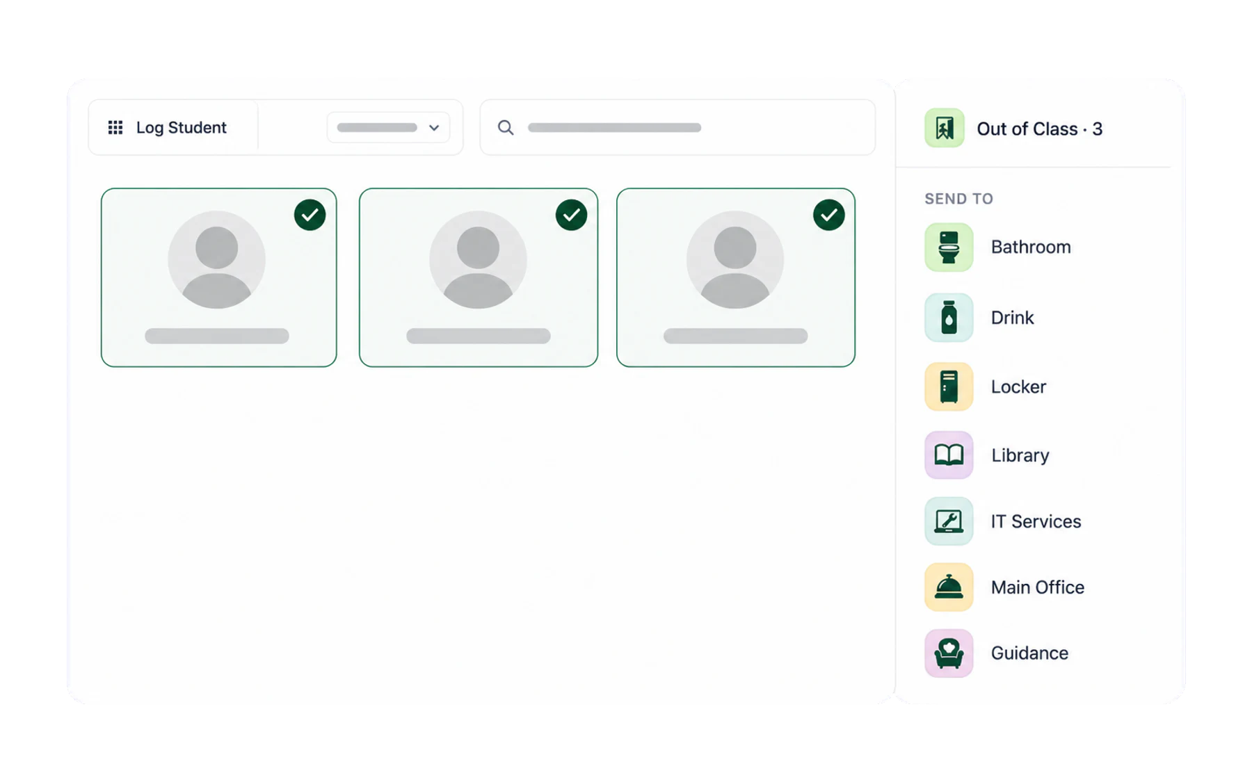 The Out of Class action rail showing three selected students above the destination buttons