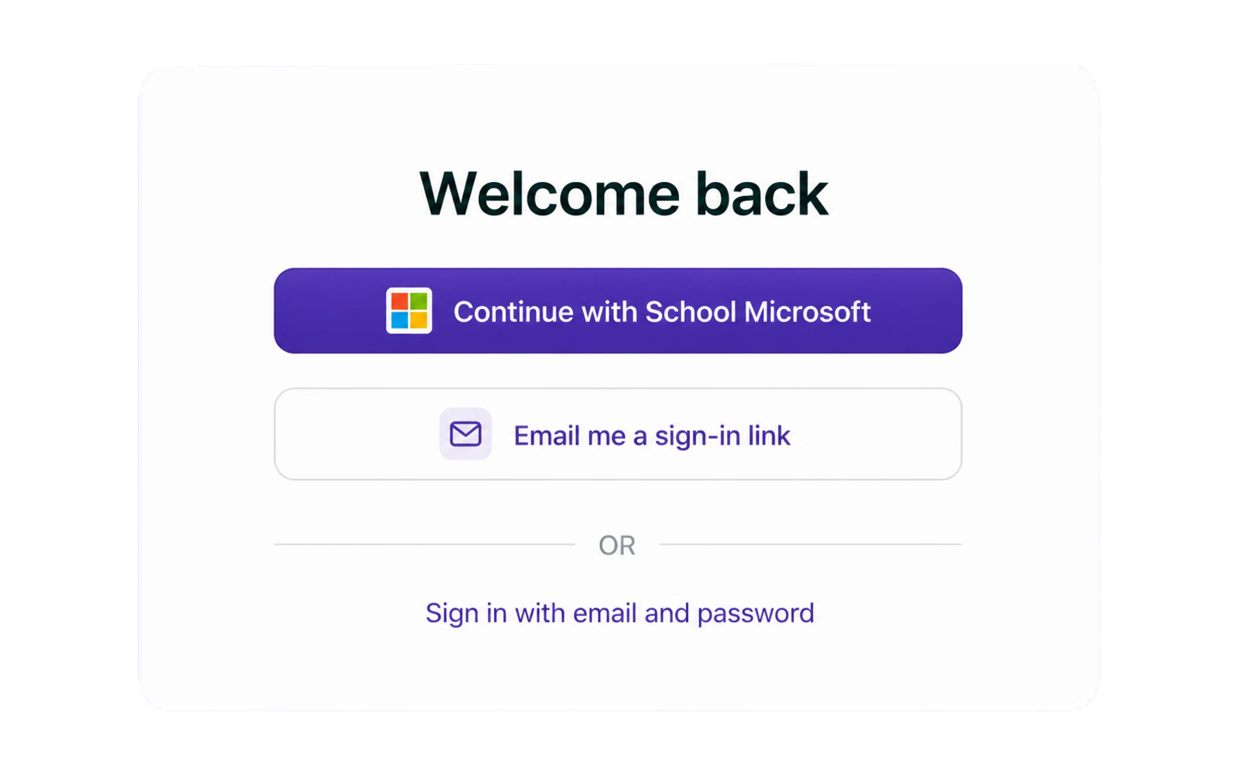 The Vero sign-in view offering school Microsoft, an emailed sign-in link, or email and password