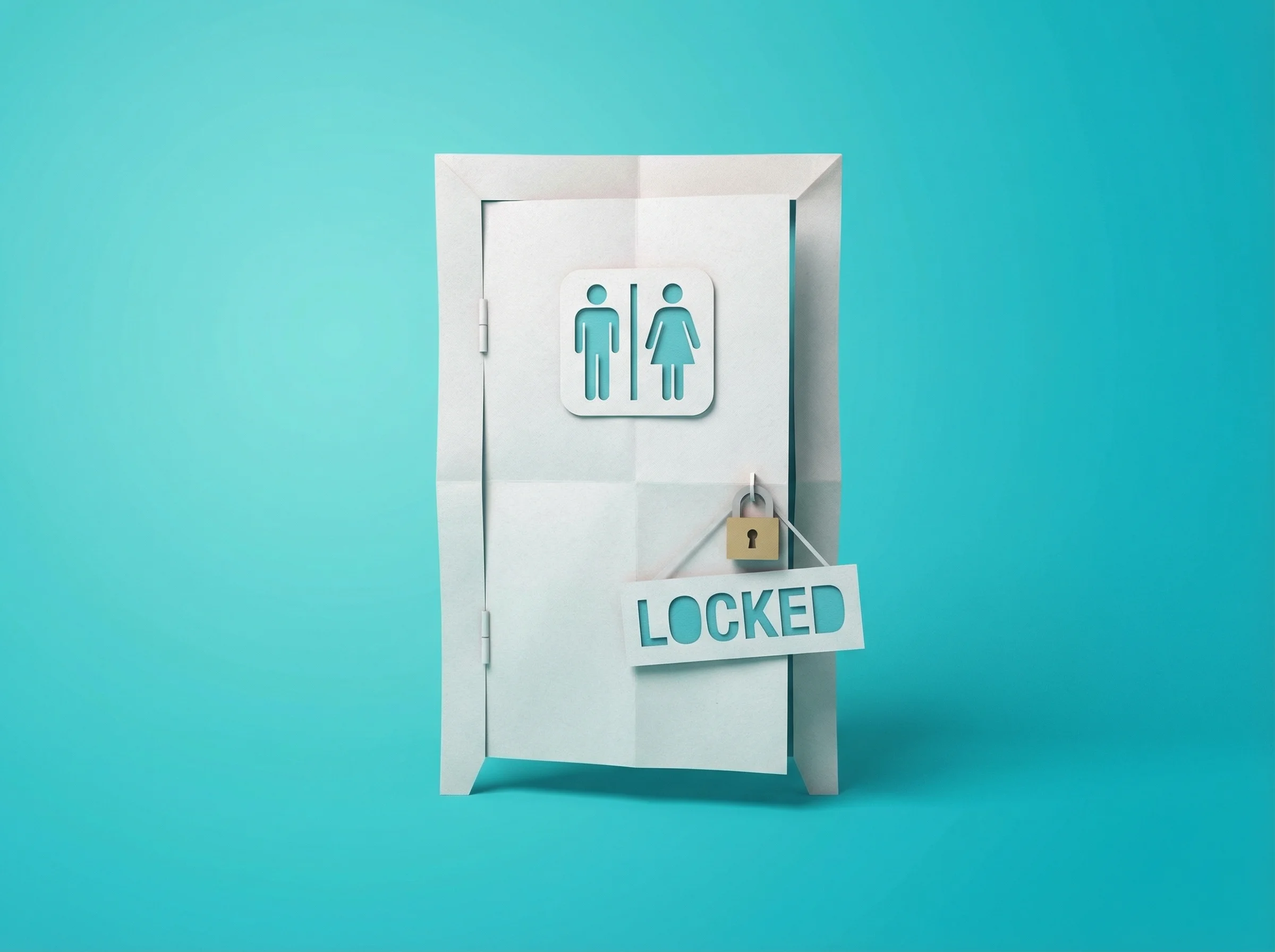 A locked school bathroom door with an out-of-order sign