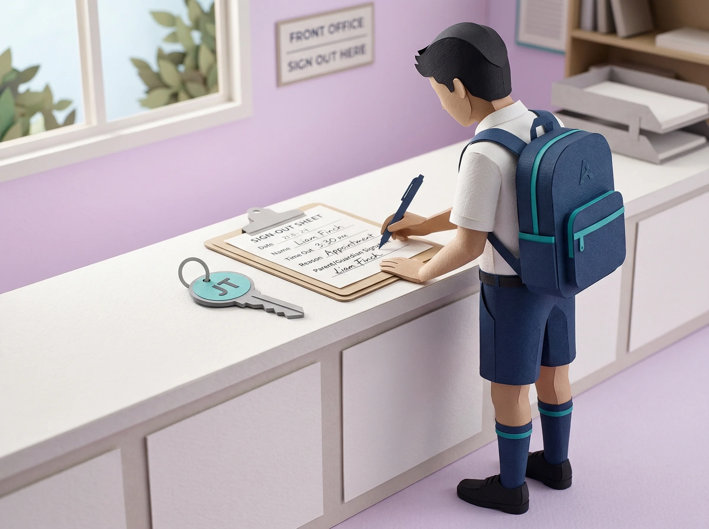 A student signing out on a paper sign-out sheet