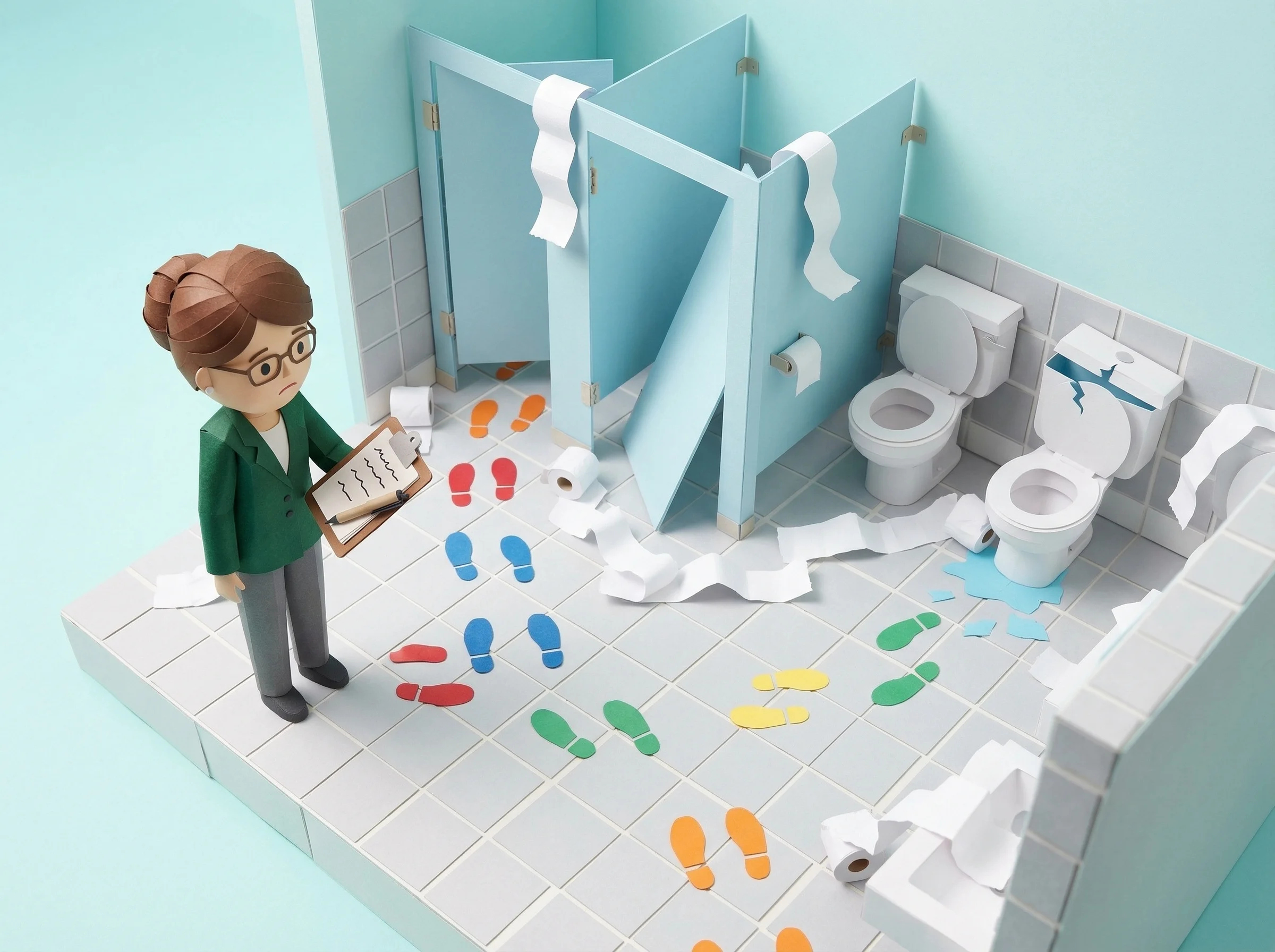 Vandalised school bathroom with footprints across the floor