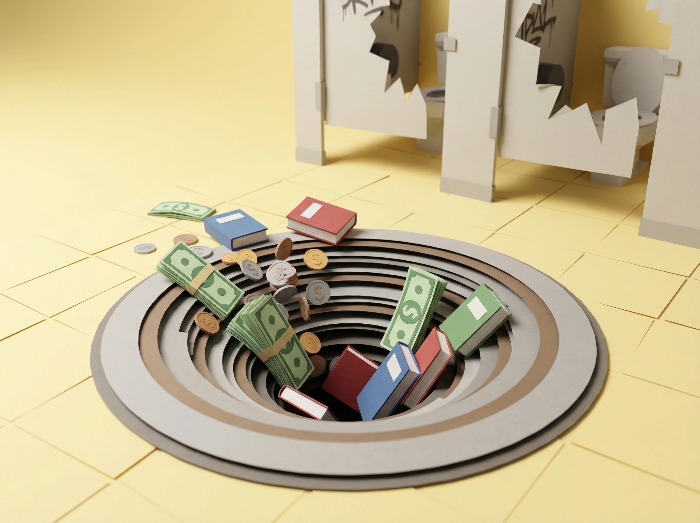 Money and books tumbling into a drain in a vandalised bathroom
